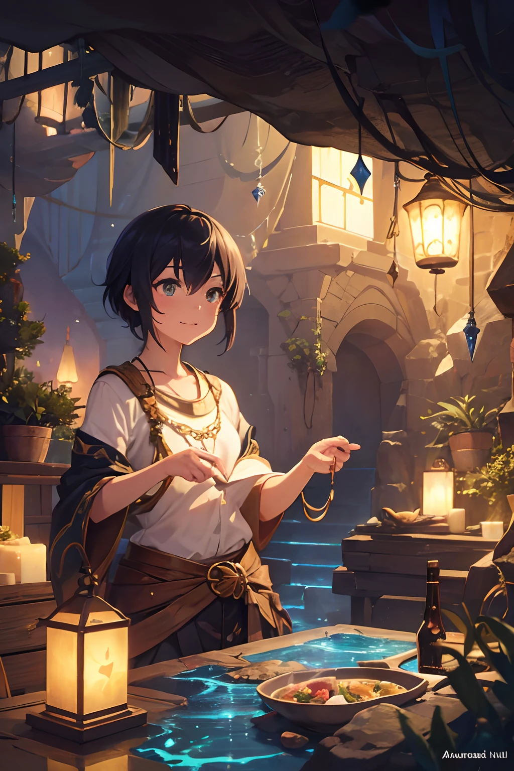 Create exquisite illustrations reminiscent of Makoto Shinkai's style, It has ultra-fine details and top-notch quality. Create an illustration of a fantastical and nostalgic cave exploration scene where a minecart is traversing through the cave, illuminated by lanterns. In the minecart, a young girl is excitedly exploring the cave, marveling at the colorful gemstones embedded in the cave's walls. The cave's walls are adorned with a variety of colorful gemstones, each emitting a mesmerizing and unique hue. These gemstones cast a magical radiance throughout the cave's interior, creating a wondrous and captivating atmosphere. The scene captures the spirit of adventure and the allure of uncovering hidden treasures within the depths of this mystical cavern.