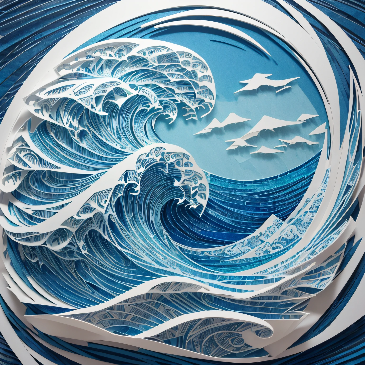 (masutepiece), Best Quality), (ultra high detailed), (PAPERCUT), Craft Art, (Use roughly cut paper:1.3), ((Stack 1.3)), (rough sea), (Use only blue, light blue and white paper), (high waves), Mosaic pattern