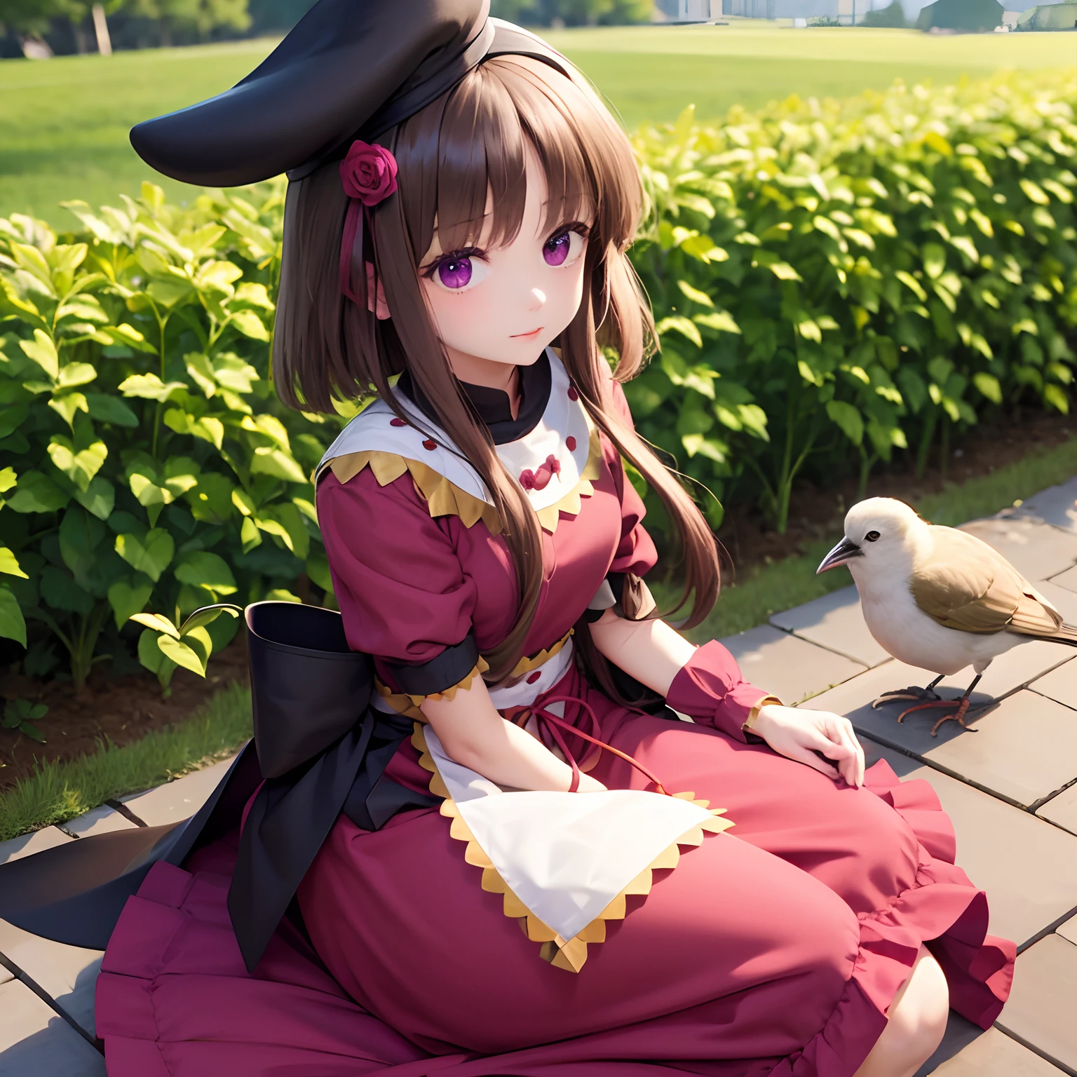 ​masterpiece, top-quality, 1girl in,Rina Erjida, Brown-haired side hair、a purple eye、Bird hats、Crimson dress、A sexy