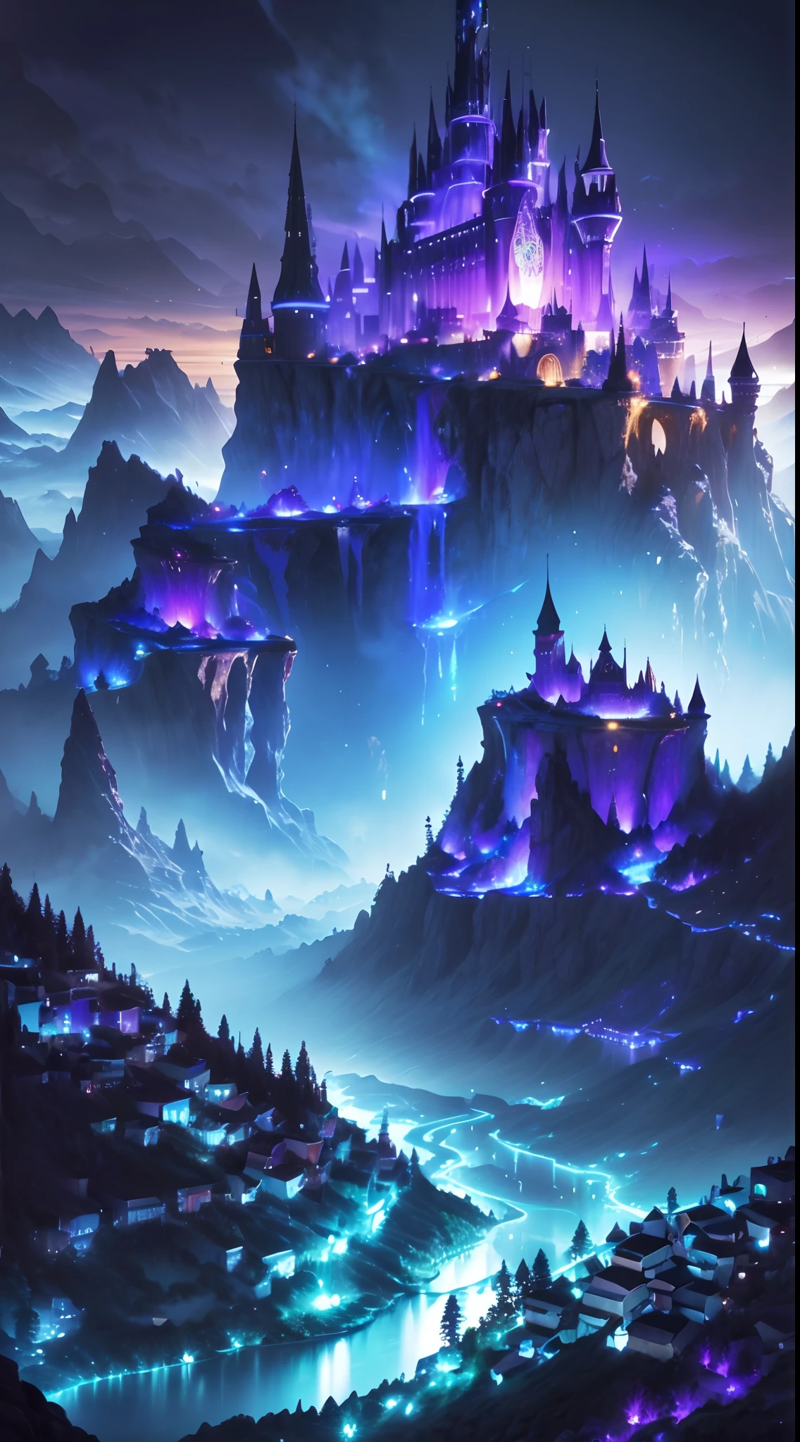 There is a mystical landscape of a magical fantasy with side mountains divided by a trench in half, paisagem surrealista, noite mistica, lua cheia brilhante, magic lights , luzes neon, magia de luz, noite misteriosa, (luzes roxo,azul, amarelo), photografia profissional,(obra prima),(Ultra realista),(Ultra Dealhado),(melhor qualidade),(simetria perfeita:1.3)