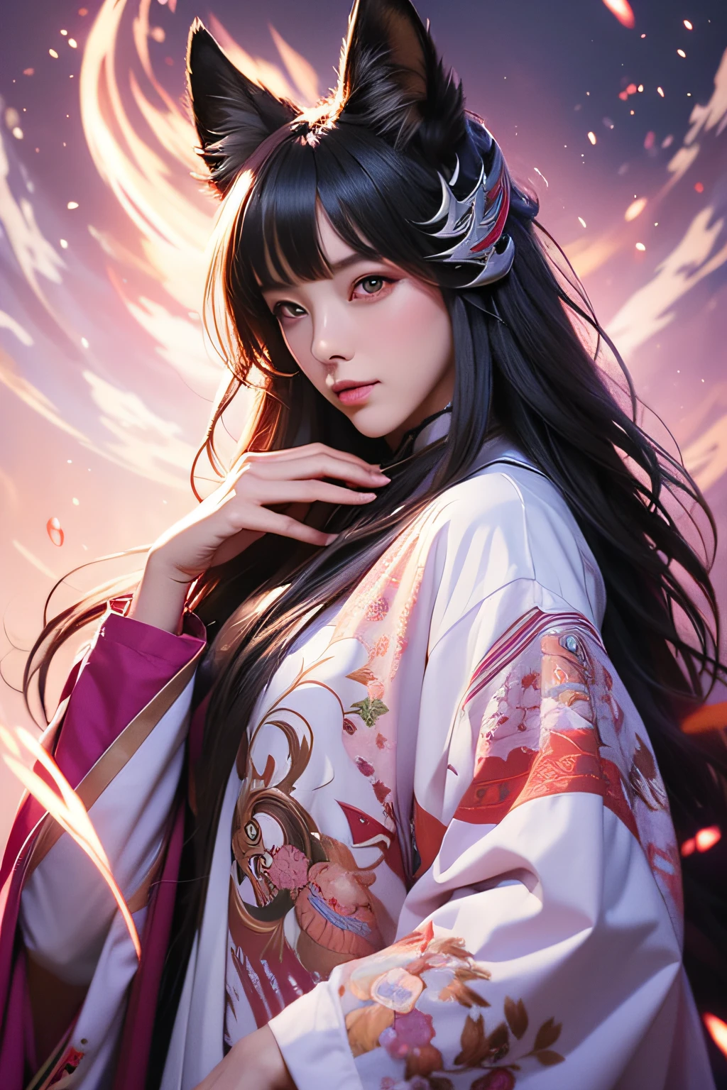 1girl in,Solo,, Official art, Unity 8k壁纸, ultra-detailliert, Beautiful and aesthetic, Beautiful, masutepiece, Best Quality,, Foxwich, Fox Mask, Haori jacket, Foxfire spells, Fox familiar, transformational,