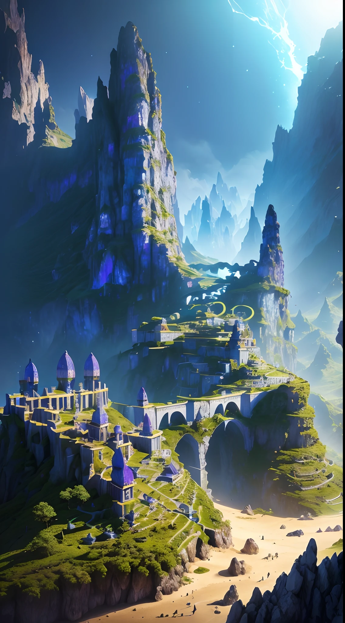 There is a mystical landscape of a magical fantasy with side mountains divided by a trench in half, paisagem surrealista, noite mistica, lua cheia brilhante, magic lights , luzes neon, magia de luz, noite misteriosa, (luzes roxo,azul, amarelo), photografia profissional,(obra prima),(Ultra realista),(Ultra Dealhado),(melhor qualidade),(simetria perfeita:1.3)