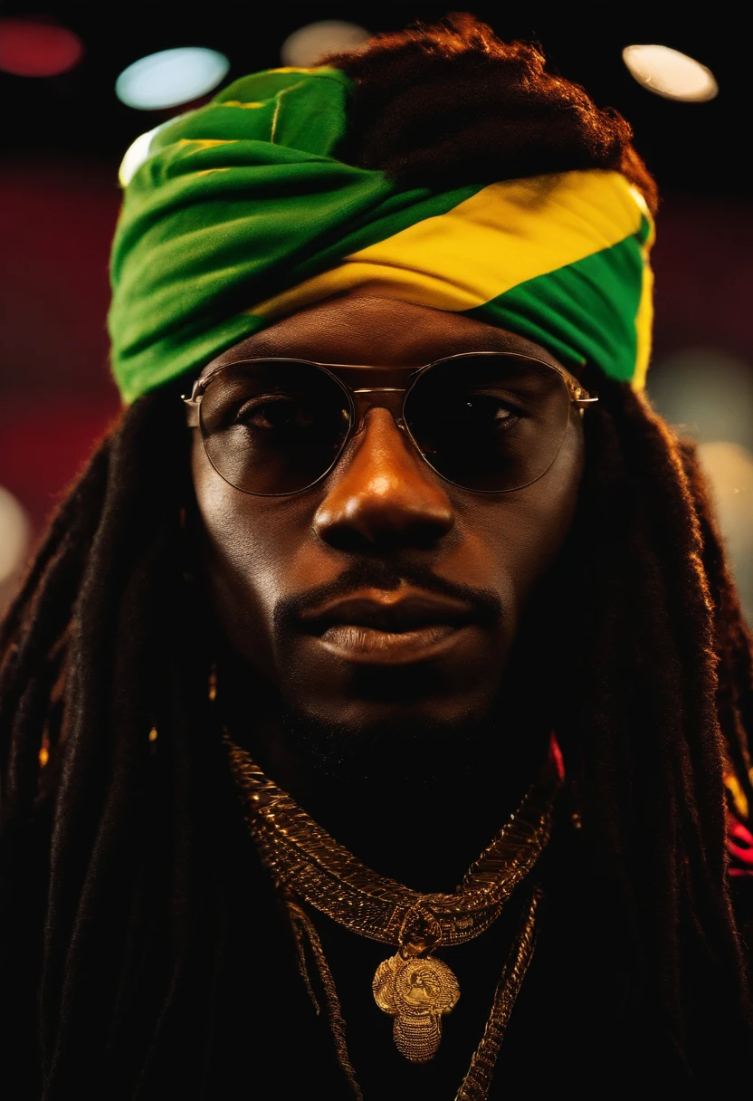 Create a logo with the head of a black man with dreadlocks in black colors, verde, amarelo e vermelho (olhando para a frente) , imagem estilo logomarca , Sober, (fundo preto), Image with resolution of at least 300dpi, UHD 8k, Very high quality for excellent printing. Lighting that highlights the figure in relation to the background, cores do reggae, Estilo da camada de disco