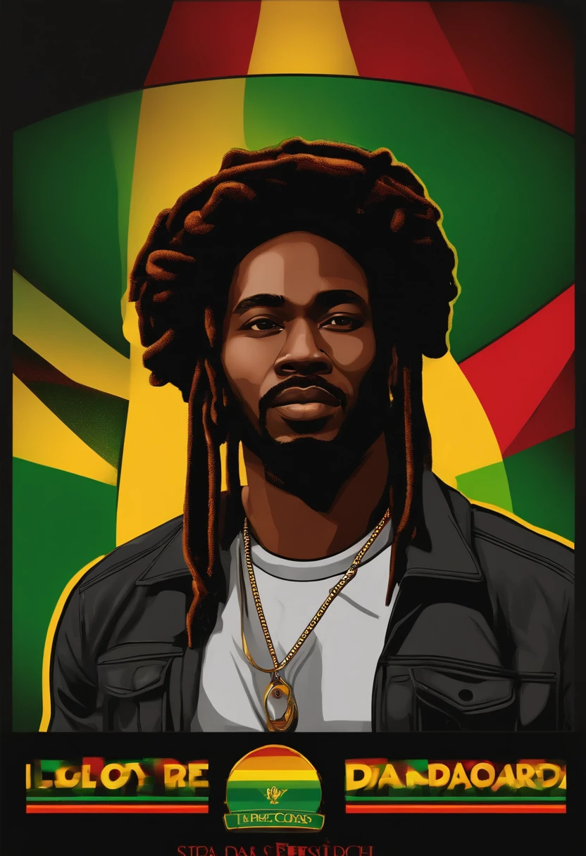 Create a logo with the head of a black man with dreadlocks in black colors, verde, amarelo e vermelho (olhando para a frente) , imagem estilo logomarca , Sober, (fundo preto), Image with resolution of at least 300dpi, UHD 8k, Very high quality for excellent printing. Lighting that highlights the figure in relation to the background, cores do reggae, Estilo da camada de disco
