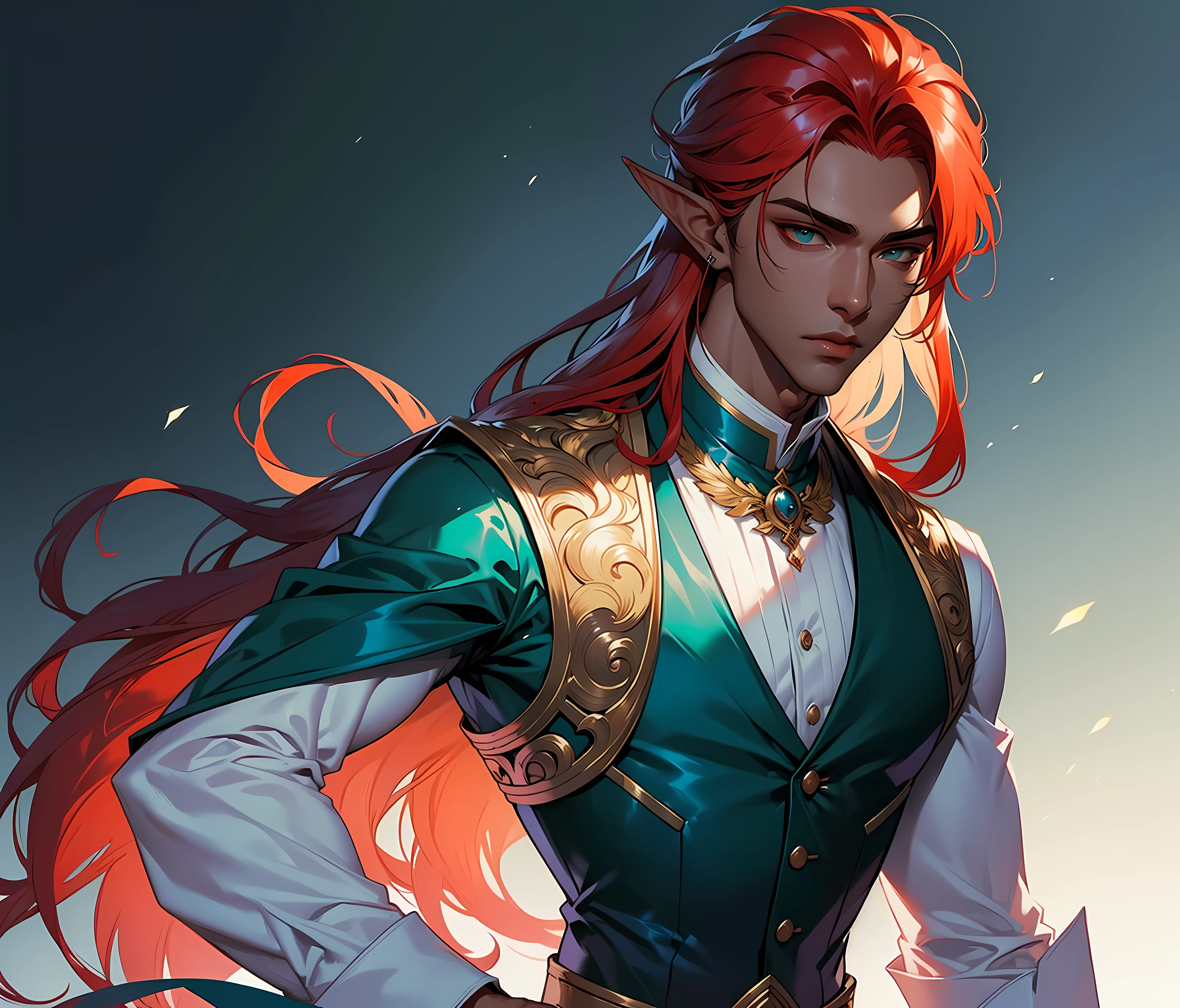 (((Masterpiece))), top quality, handsome dapper male elf, super detailed, kind and sophisticated, white corset vest, pants, shiny skin, long red hair, teal eyes, (dark skin), light background, ((male focus)).