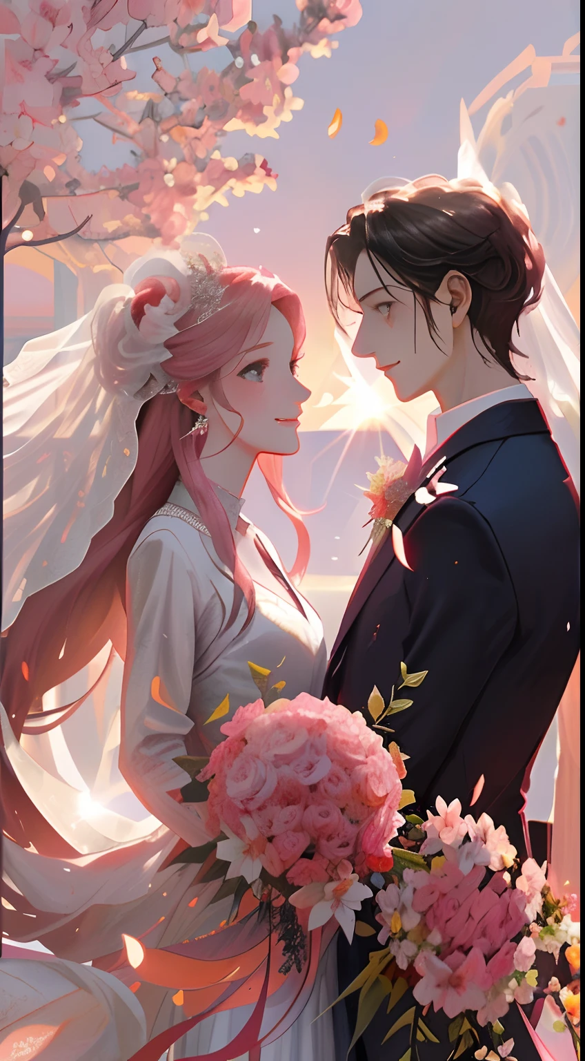 Wedding poster，The bride and groom look at each other，Sea of flowers in pink background，and the sun was shining brightly，Pink theme