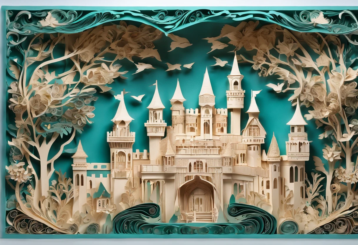 Artistic paper quilling castle with colorful colorful art, in the style of organic and flowing forms, realistic hyper - detailed rendering, mind-bending murals, teal and beige, unique framing and composition, magical creatures, colorful composition