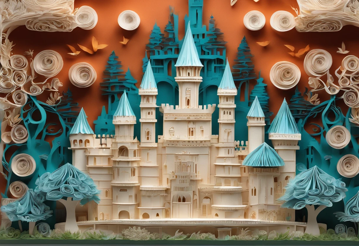 Artistic paper quilling castle with colorful colorful art, in the style of organic and flowing forms, realistic hyper - detailed rendering, mind-bending murals, teal and beige, unique framing and composition, magical creatures, colorful composition