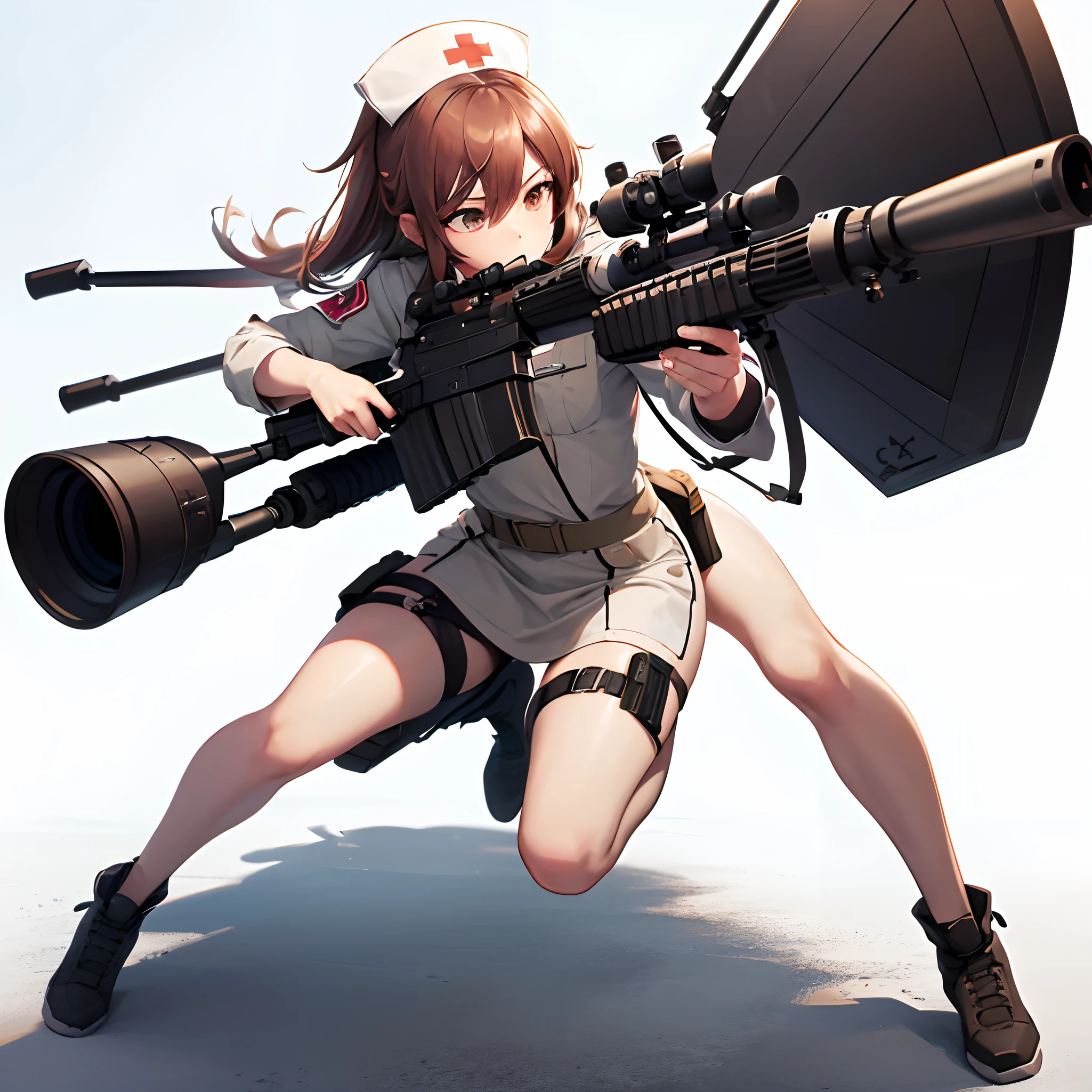 Illustration style, game character, ((female sniper aiming at enemy)), ((military uniform)), masterpiece, cute, beautiful, ((full body)), white background, 8K, ((nurse)), unique, ((2D)), serious face, ((The Perfect Hands))