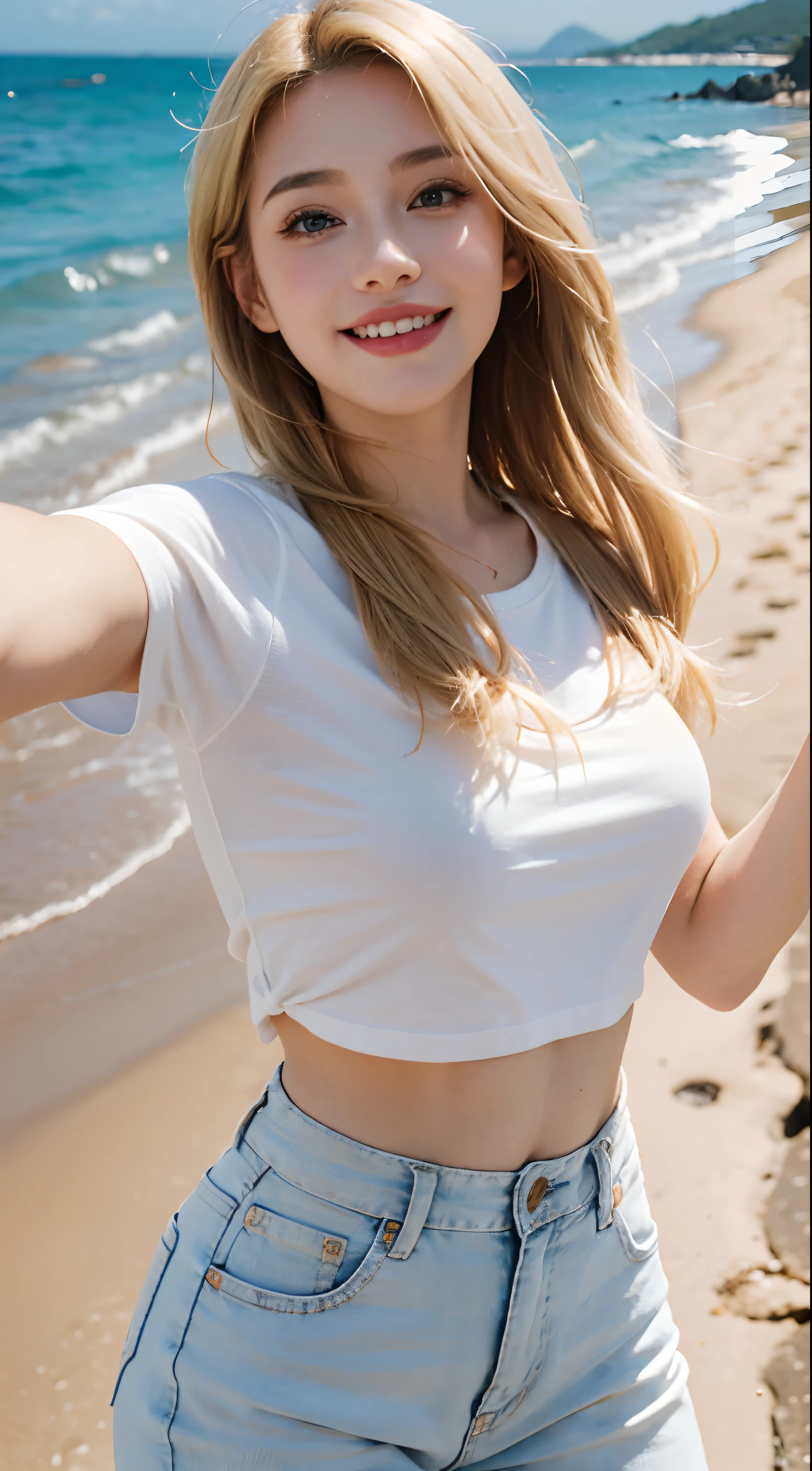 1girl ,beautiful european young woman, bright eyes high detailed eyes makeup, best quality, masterpiece, original, highres, 8k wallpaper, selfie of a beautiful young girl, POV, thick lines, extremely detailed beautiful face, grin, white T-shirt, short jeans, looking at viewer, beach, sea, depth of field, bright sunshine, trending on Pixiv, detailed hair|floating blonde hair, ((vivid color)), victory pose