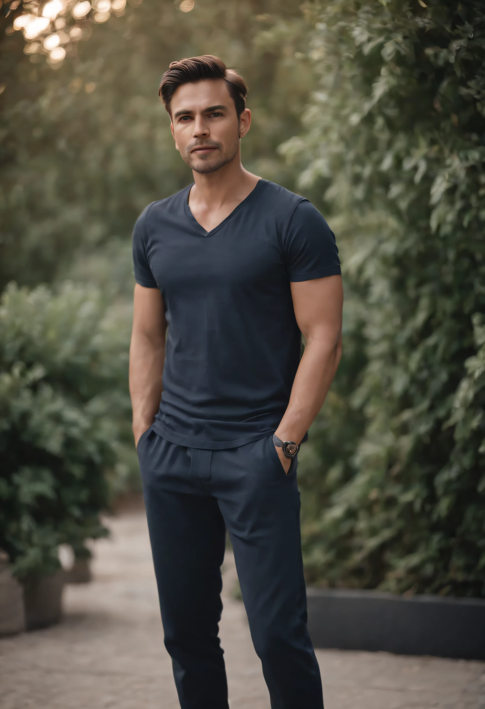 (( man)) wearing short shirt, long pants and sneakers,medium long shot