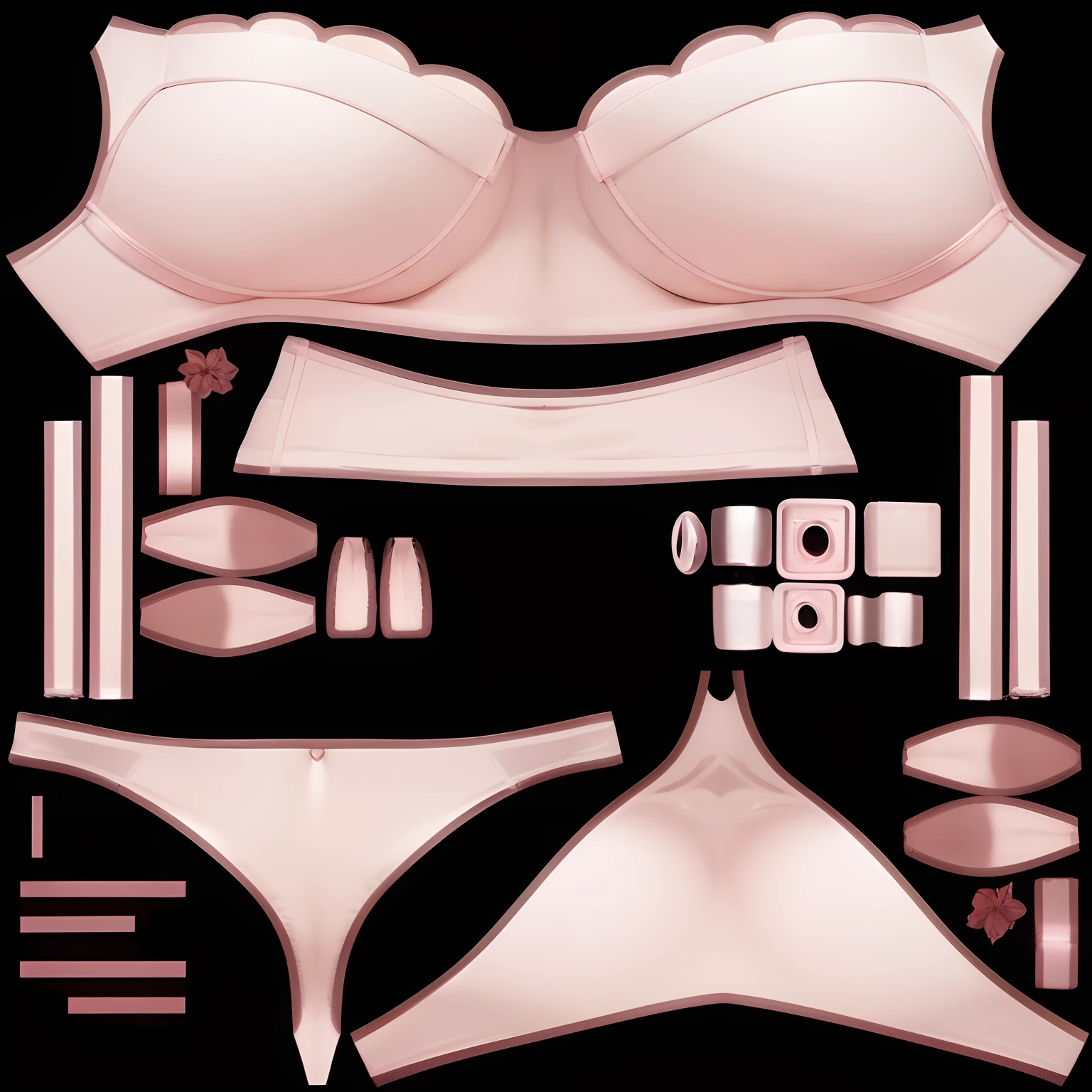a close up of a black bra and underwear on a black background, complete detailed body, female body elements, extra detailed body, highly detailed body, pale pink bikini, attire: bikini, black body, whole body highly detailed, realistic bikini, light black bikini, 3 d neon art of a womens body, streamlined black armor, lingeries beauty, intricate latex set
