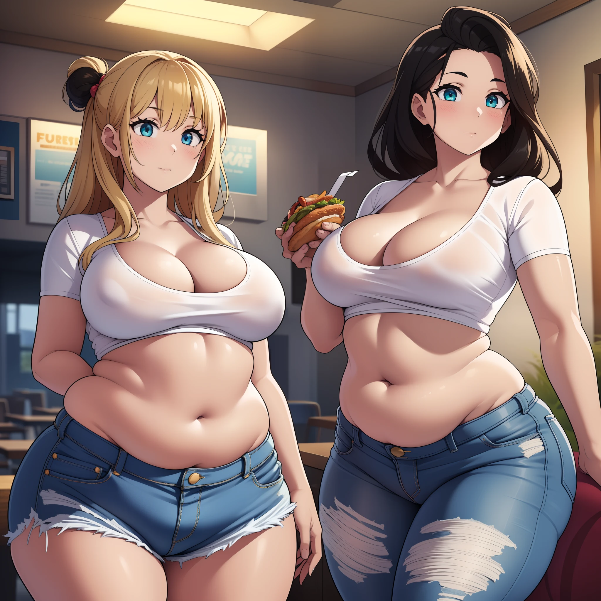 ((highres)), Masterpiece, high quality, best quality, beautiful, perfect lighting, detailed face, ultra cute face, ((2girls)), one girl has blonde hair, blue eyes, crop top and shorts skindentation, one girl has brown hair, green eyes, jeans, white shirt, thighs clothes, full body, fast food restaurant, medium breasts, perky breasts, cleavage, ((wide hips)), ((thick thighs)), ass, ((chubby)), pudgy belly, fat folds, standing, (belly grab)