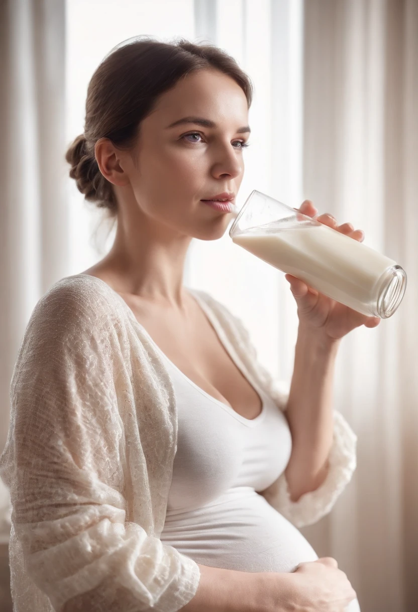 Pregnant mother is drinking milk