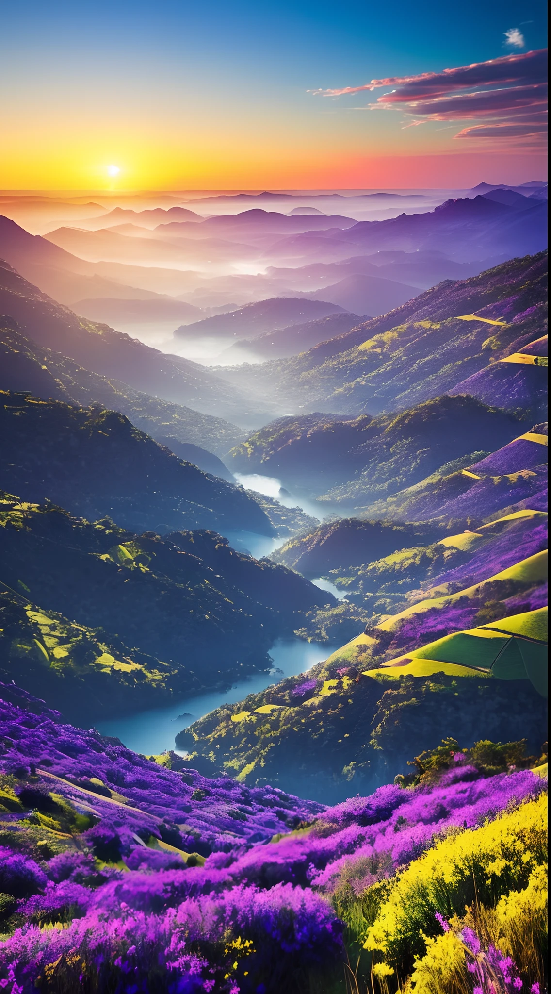 There is a mystical landscape of a magical fantasy with side mountains divided by a trench in half, paisagem surrealista, noite mistica, lua cheia brilhante, magic lights , luzes neon, magia de luz, noite misteriosa, (luzes roxo,azul, amarelo), photografia profissional,(obra prima),(Ultra realista),(Ultra Dealhado),(melhor qualidade),(simetria perfeita:1.3)