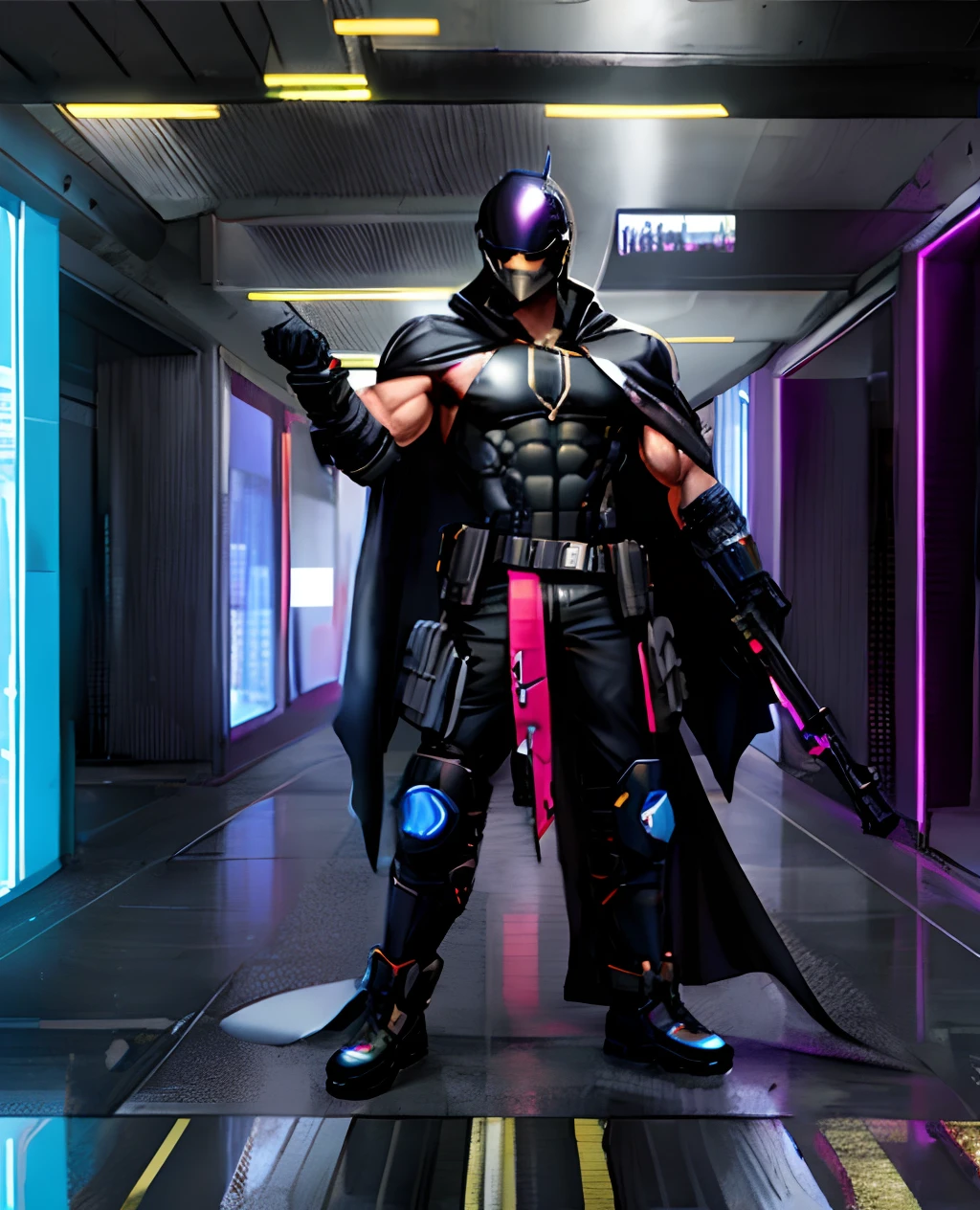 male, muscular male, helmet covering all of face, cyberpunk style helmet, cloak, utopian suit