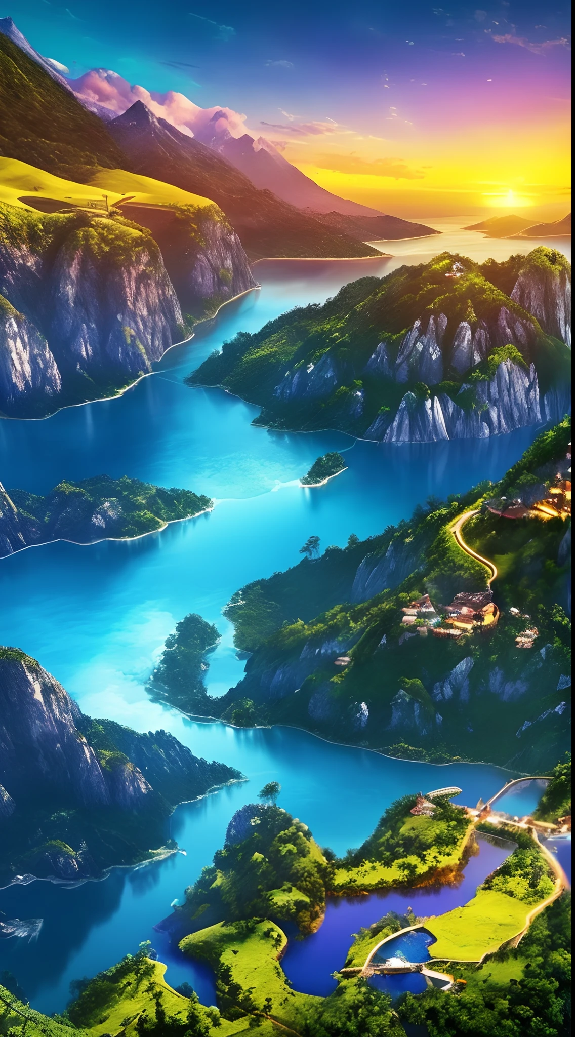 There is a mystical landscape of a magical fantasy with side mountains divided by a trench in half, paisagem surrealista, noite mistica, lua cheia brilhante, magic lights , luzes neon, magia de luz, noite misteriosa, (luzes roxo,azul, amarelo), photografia profissional,(obra prima),(Ultra realista),(Ultra Dealhado),(melhor qualidade),(simetria perfeita:1.3)