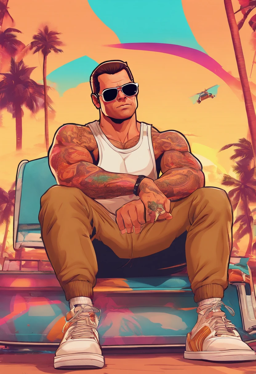 Masterpiece, Best Quality, suntanned skin, looking a viewer, sports clothing, leggins, sitting, bare footed, Simple background with logo, From Bottom, Sunglasses,