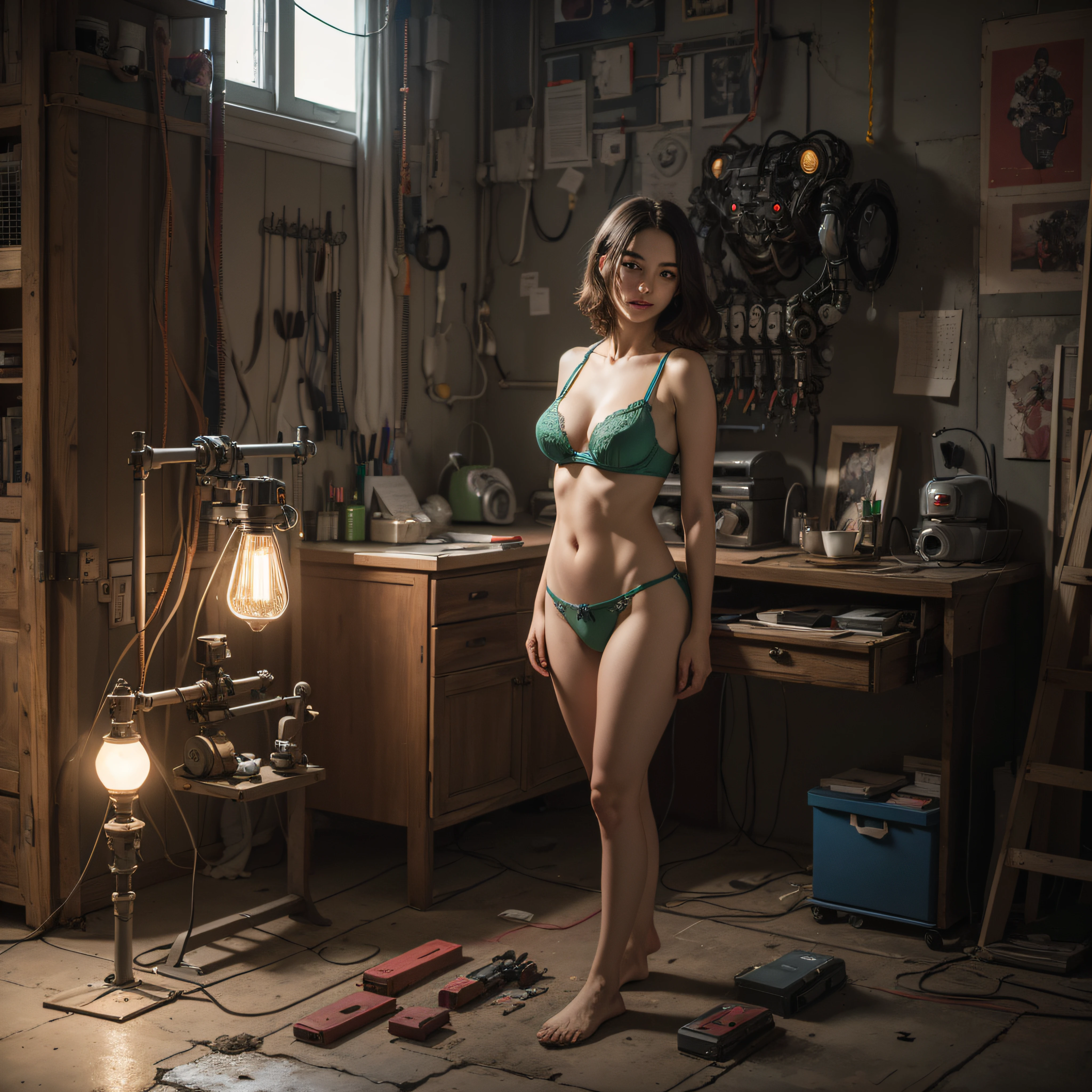 ((calidad superior)), ((obra maestra)), ((realista)), (Los detalles), (fotorrealista:1.5), puppet, marioneta de nadera humanoides tendidos en un piso de concreto, Science-Fiction, HDR, Trazado de rayos, NVIDIA RTX, Los ultra-Highres, Irreal 5, Sub-Surface Scatterring, PBR texturizado, Post-procesamiento, Anisotropic filtering, Profundidad de campos, maximum sharpness and sharpness, Regla de los tercios、8K RAW、(Luminescent Particles:1.4)、(super-detailed CG、Unidad 8k Fondos de pantalla、lighting like a movie、destello de lente、foco nítido、Girl with green lingerie in robotic parts, Cannons, canons, rifle, Arte cyberpunk、arquitectura cyberpunk
