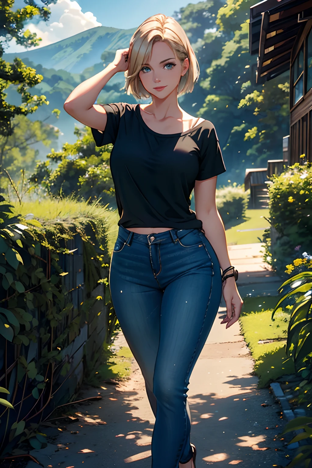 Anime girl in black shirt and jeans walking down a path - SeaArt AI