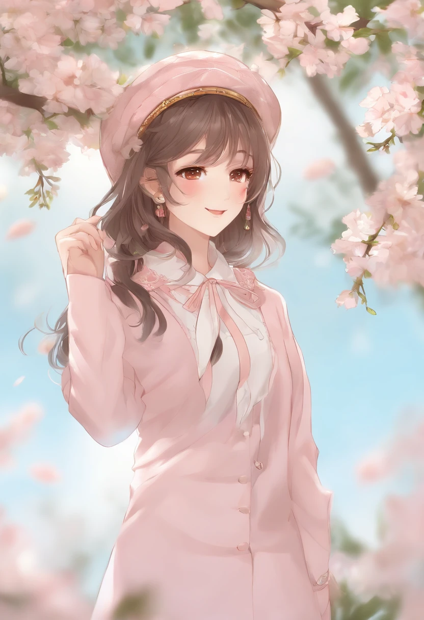(Daisaku),(Need),(Super meticulous),(full bodyesbian:1.2),1girl,tchibi,adolable,ssmile,open-mouth smile,florals,Light blue background,Raise your right hand,Hold a pencil in hand,Hold a book in your left hand,Music,Pink berets,Manteau,The tree,:3,The shirt,short detailed hair,peach blossom,green headwear,Blurred,brunette color hair,longer sleeves,By bangs,Earphone,brunette color hair,pinkflower,(beautiful detailed face),(美丽细致的眼睛),