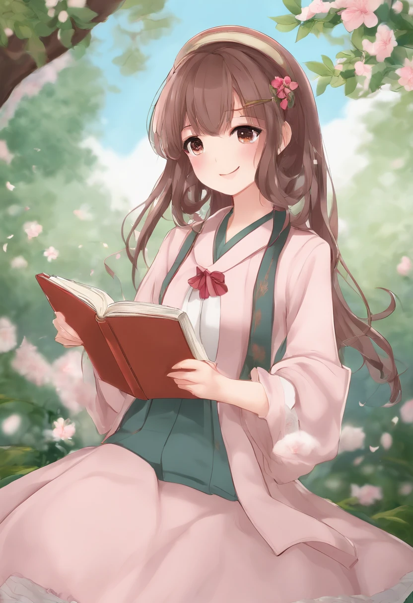 (Daisaku),(Need),(Super meticulous),(full bodyesbian:1.2),1girl,tchibi,adolable,ssmile,open-mouth smile,florals,Light blue background,Raise your right hand,Hold a pencil in hand,Hold a book in your left hand,Music,Pink berets,Manteau,The tree,:3,The shirt,short detailed hair,peach blossom,green headwear,Blurred,brunette color hair,longer sleeves,By bangs,Earphone,brunette color hair,pinkflower,(beautiful detailed face),(美丽细致的眼睛),