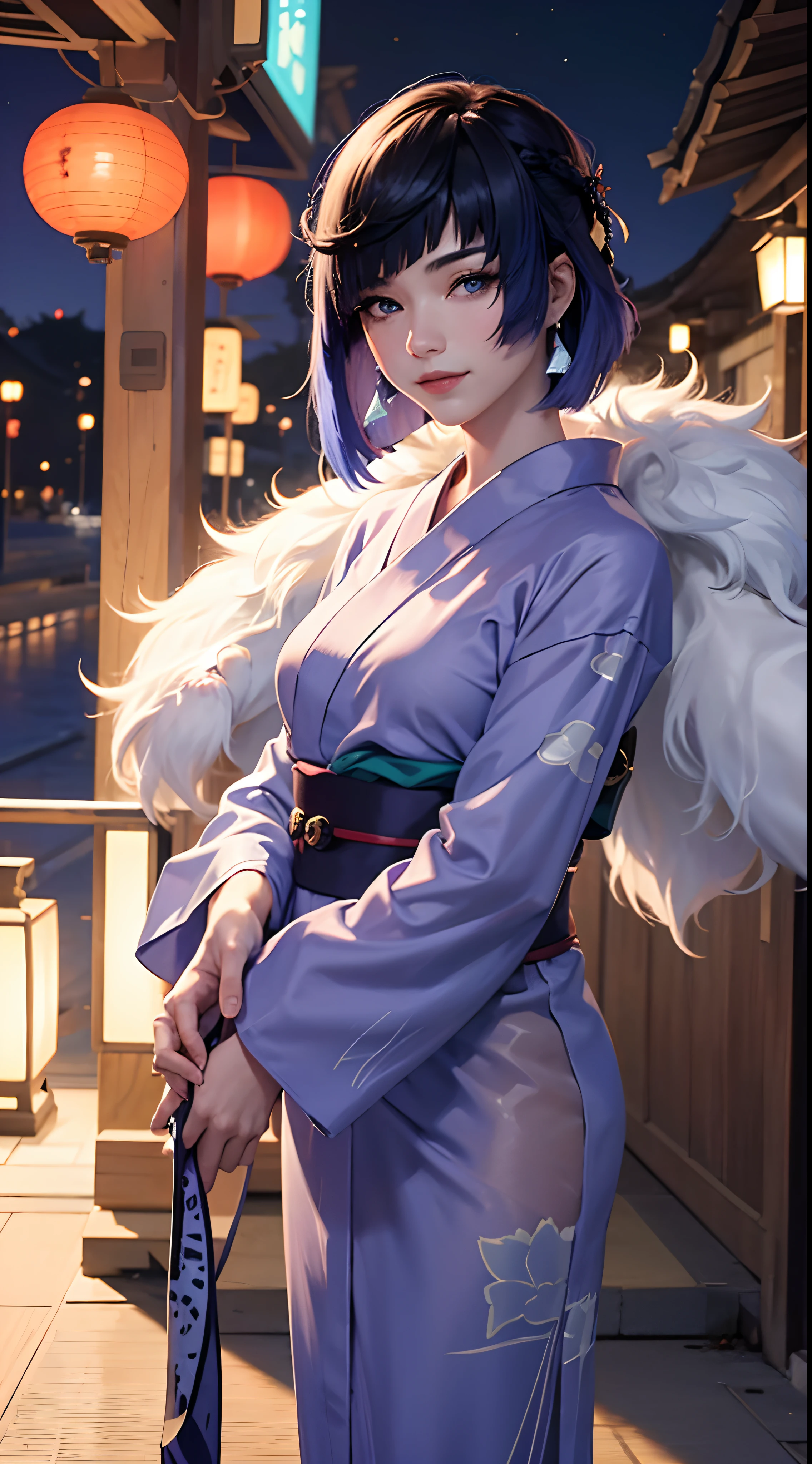 Yelan(genshin impact), wearing a (((yukata))),((transparent)), extremely detailed, masterpiece, realistic anime, 4k, hd wallpaper, blue eyes, smiling, standing, stalls, night sky fireworks, 19 year old girl