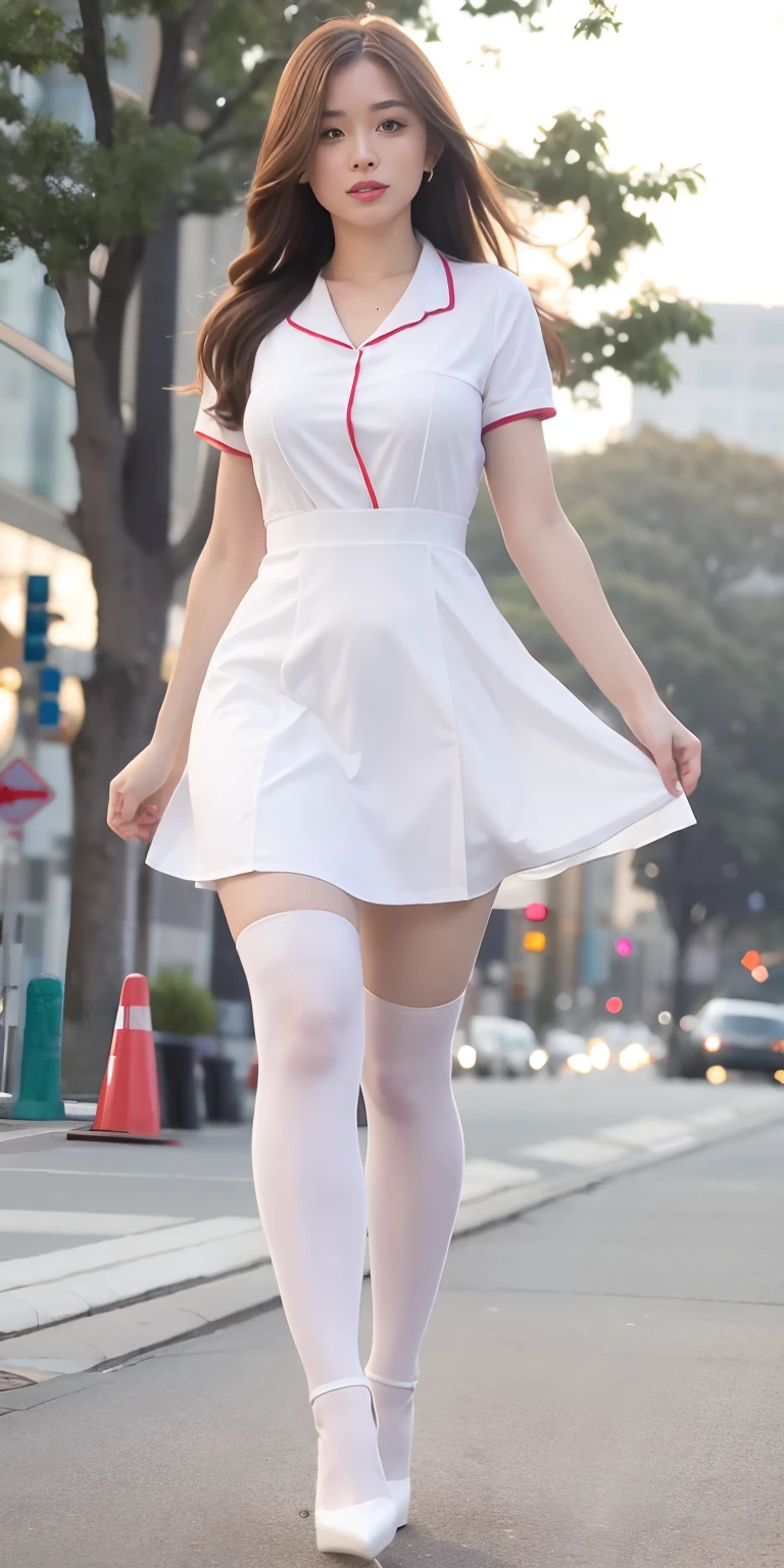 mix4, 20 days, Solo, Long_Hair, shirt, dress, High_Heels,full_Body, look_at_peeping at the viewer, (8K, RAW photo, Best quality, Mastery:1.2), (Realistic, photo-realistic:1.37), Professional lighting, photon maping, Radio City,physically-based renderingt,white stockings,nurse costume,Full body photo,Ultimate temptation,Ultimate beauty