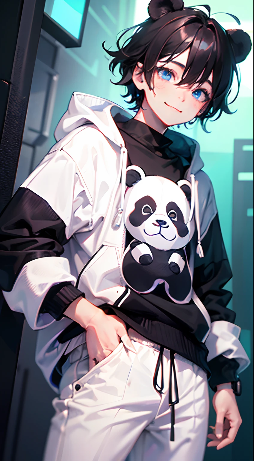 One Boy, cute smile, Blue eyes,hair black mixed white messy,White Techware long big black mixed white long colored sweater,tear drop,Viewer's Eye Line,Black skinny pants,Panda ears, cyberpunked, is standing cool pose, baby-face, cute little,