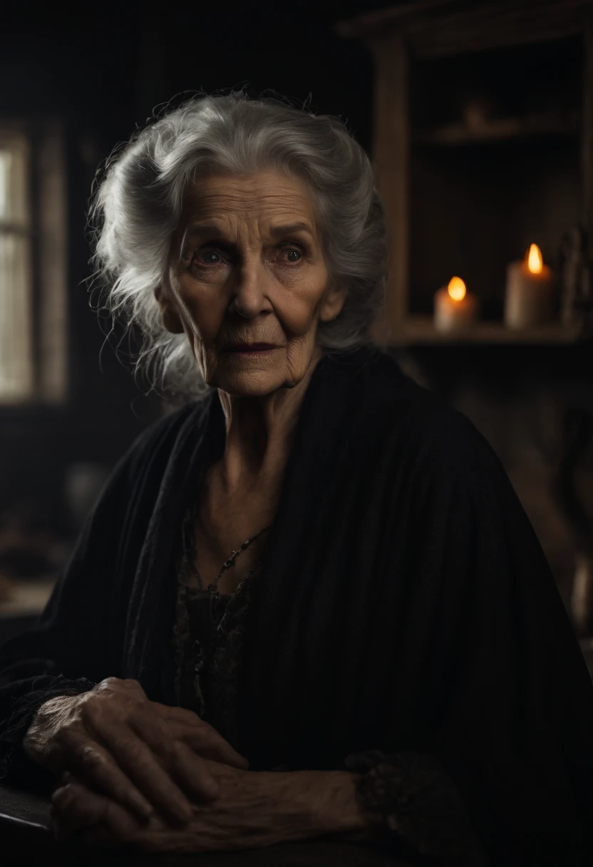 horror film, cursed old woman, witch, full of wrinkles and cuts on her face, in her 90s, background of a dark kitchen, eyes all black, dark clothes, torn, candle in hand, facing forward, detailed on face,realistic image,gray hair,crow