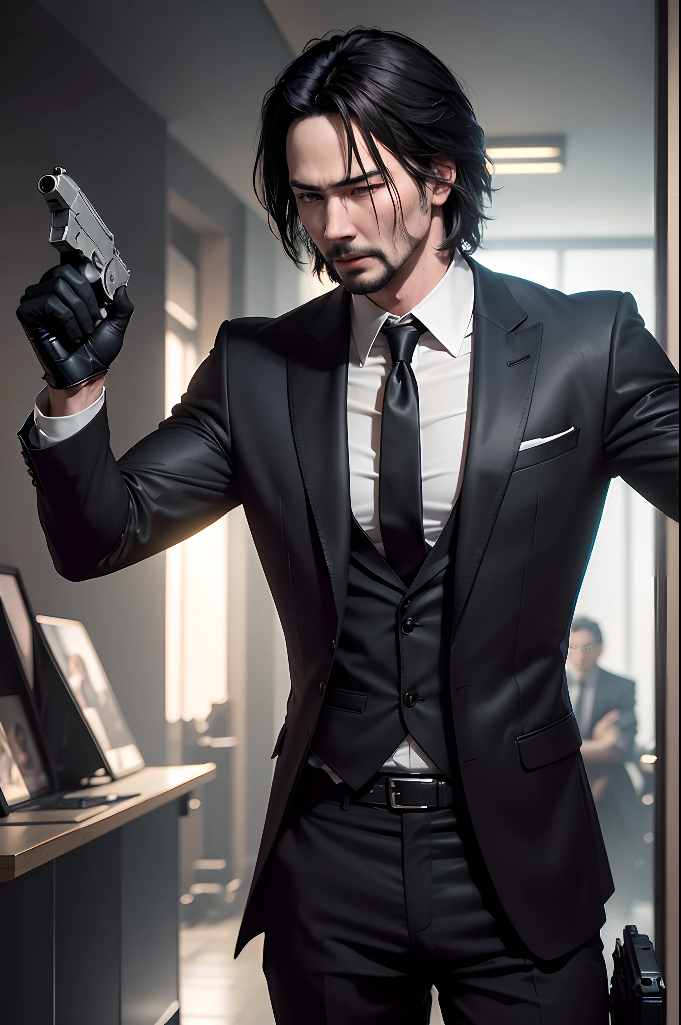 8K,Photorealsitic Raw photography top-quality;1.4) (1 adult male) Super handsome Keanu Reeves(Lifelike face) Holding a handgun in a black suit White cutter shirt and black tie Short bob with dark eyes and black hair wild glares Holding a handgun Cinematic battle scenes Beautiful expression 超A high resolution A hyper-realistic real looking skin Snipe Ultra-precise handgun details In a large ruin