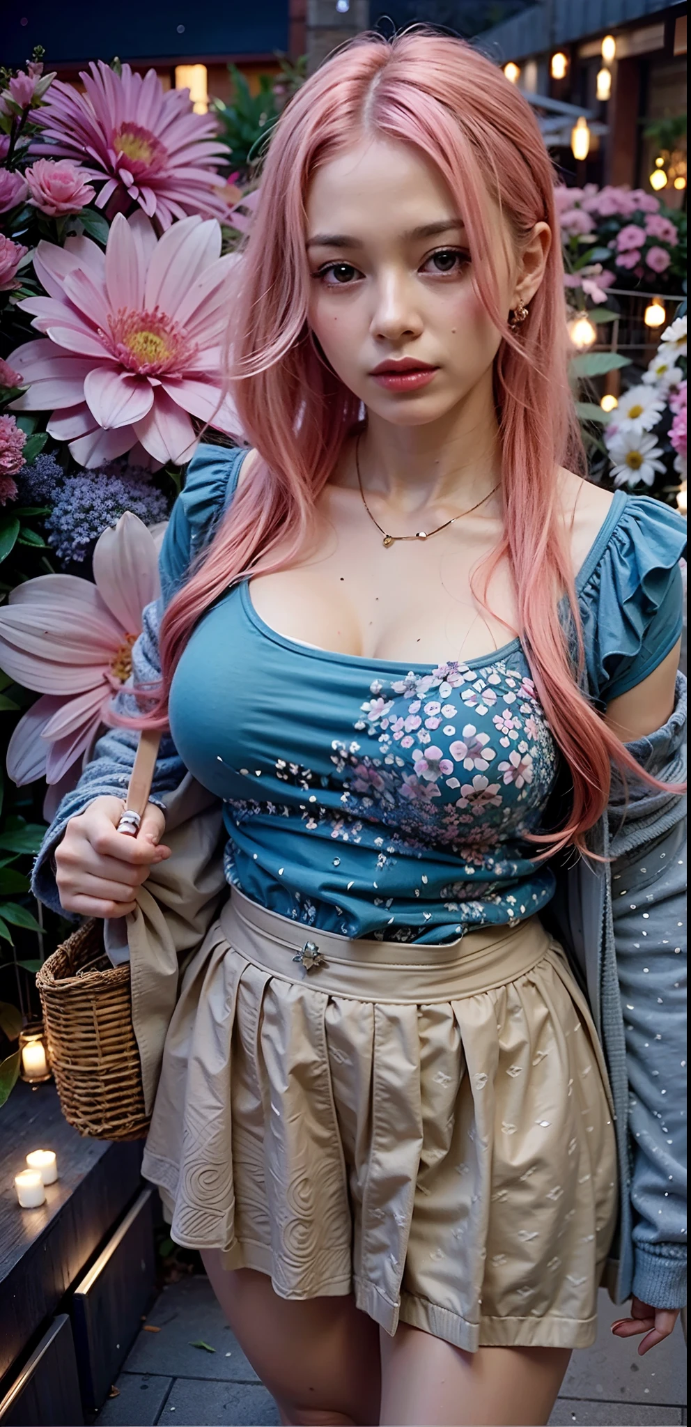 girl with pink hair and blue top standing in front of flowers, high quality.