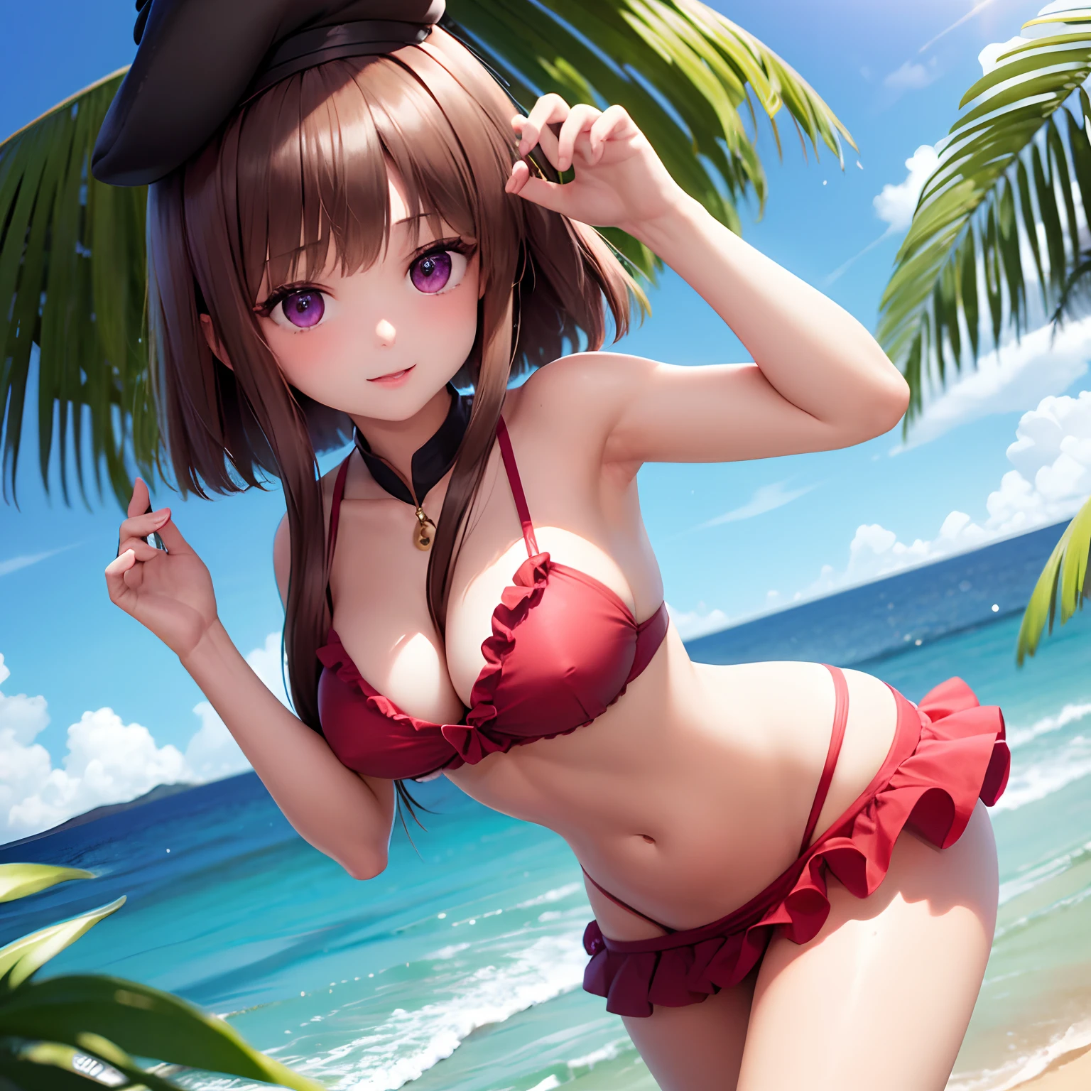 masterpiece, top-quality, 1girl in,Elzhda Rina, Brown-haired side hair、Semi-short back hair、a purple eye、Bird hat、Bikini with crimson ruffles、A sexy、Sea and sandy beach background、the whole body is wet