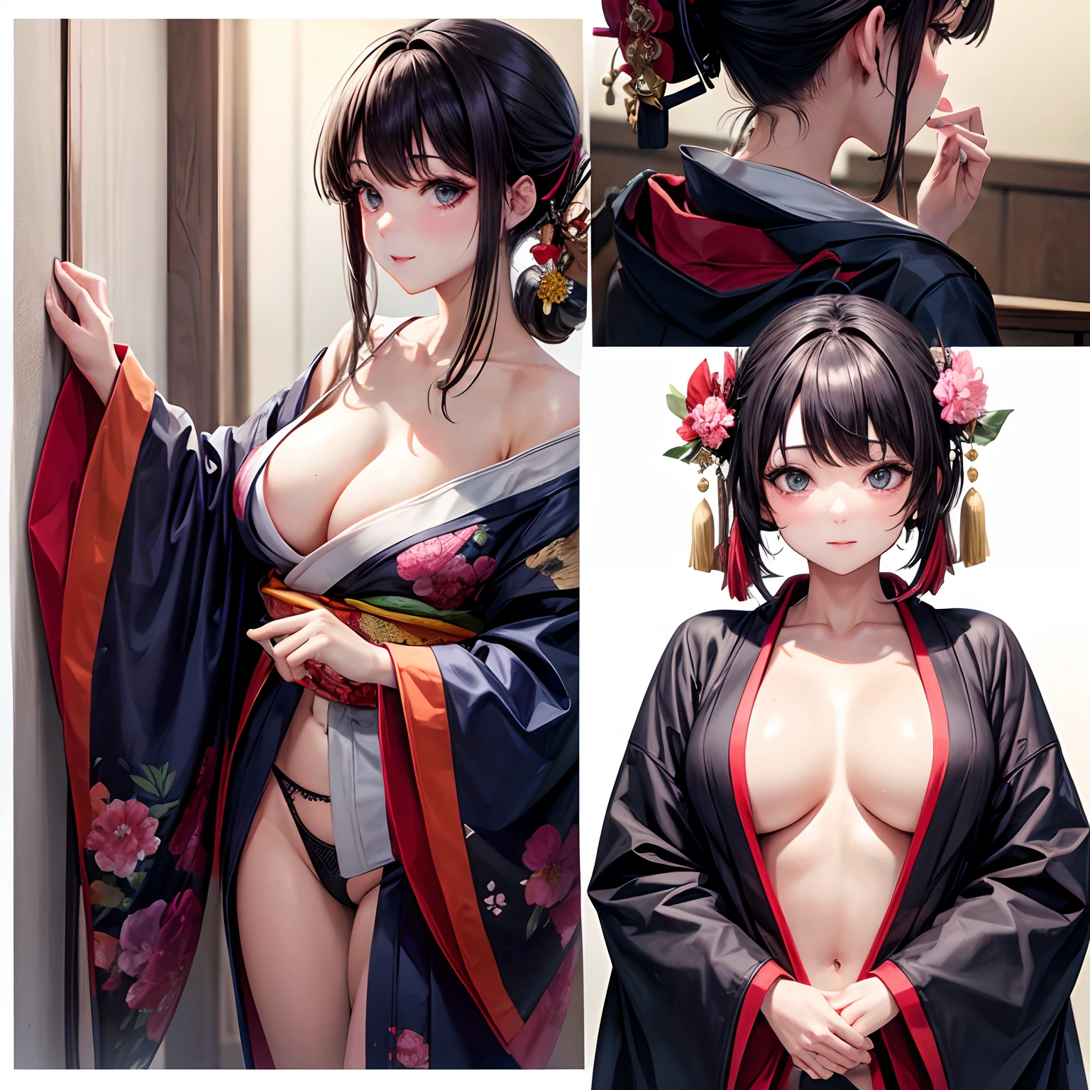 collage 1 adult woman same hairstyle Kimono is just Undressing undergarment bewitching エロ frombelow