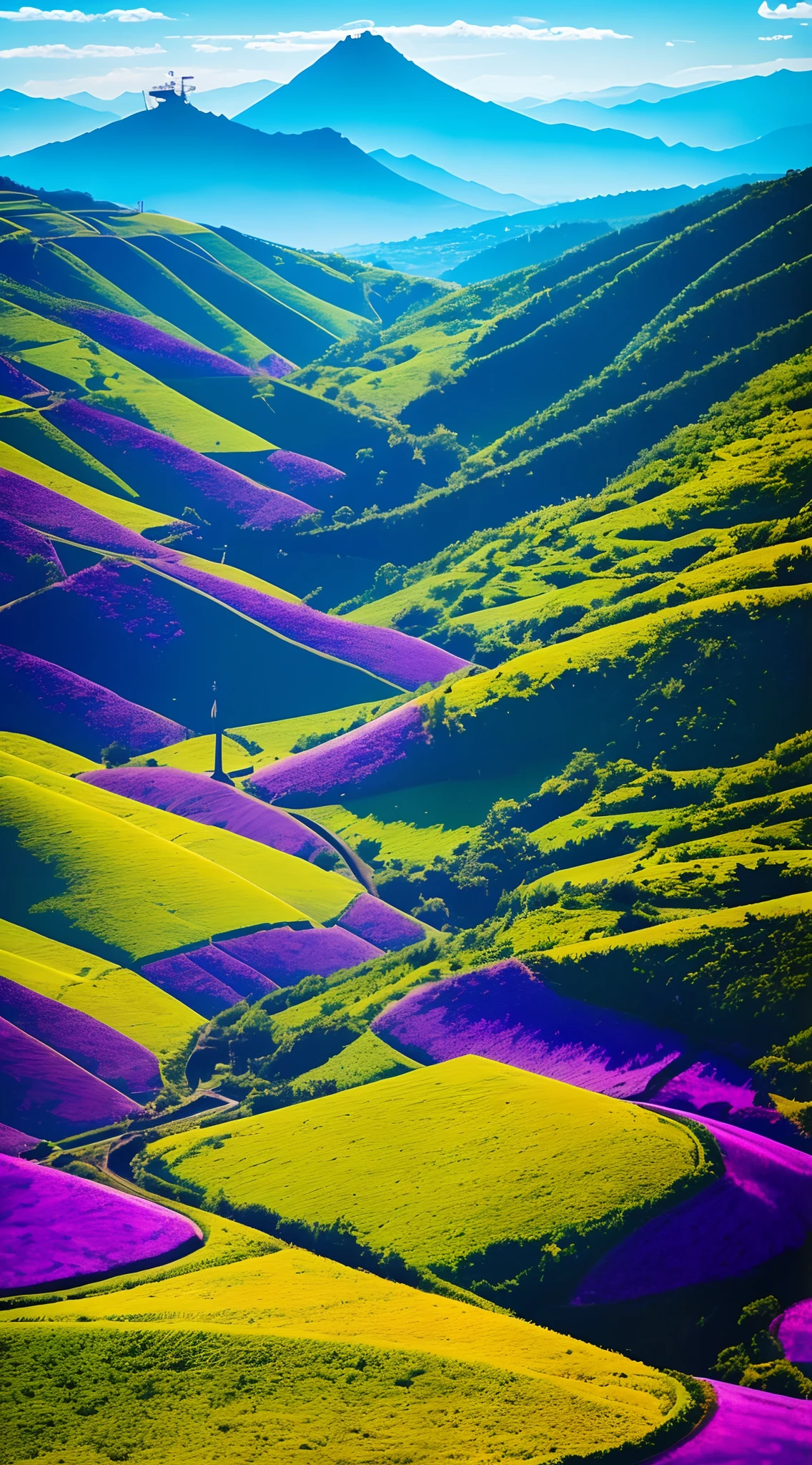 There is a mystical landscape of a magical fantasy with side mountains divided by a trench in half, paisagem surrealista, noite mistica, lua cheia brilhante, magic lights , luzes neon, Magia da Luz, noite misteriosa, (luzes roxo,azul, amarelo), photografia profissional,(obra prima),(Ultra realista),(Ultra Dealhado),(melhor qualidade),(simetria perfeita:1.3)