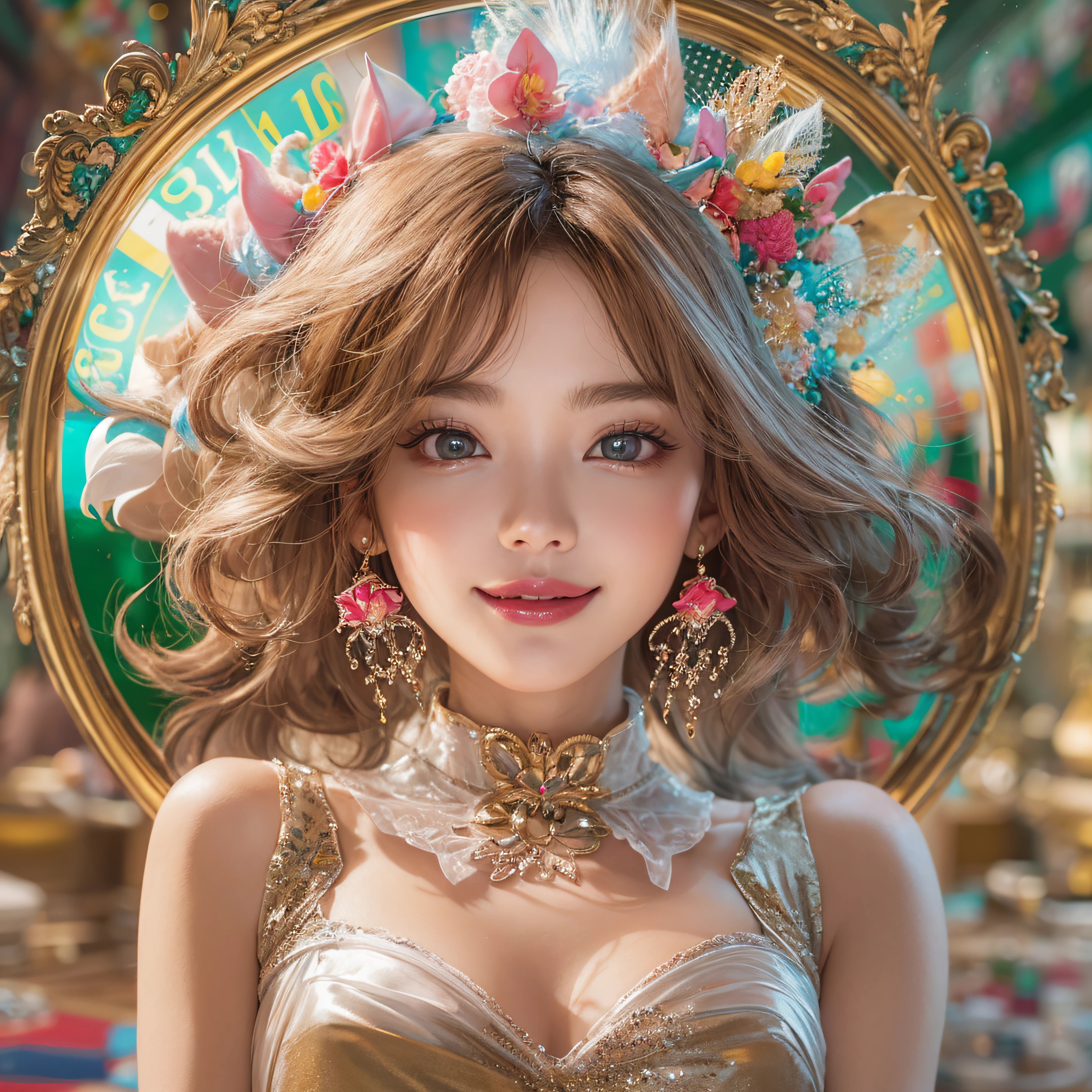 Casino Roulette、Casino Roulette、close-up of the smile face、close-up of the smile face、Designer、super model、makeup、Glossy lips、Shining eyes、(realisitic、hight resolution)、(1 girl in)、Do-Up Eye、Korean Girl、(Best Quality), (masutepiece), (1girl in), Solo, a beauty girl, Perfect face, dreamlikeart、Highly detailed airbrush art((Surreal))、Volumetric lighting、(top-quality)、The ultra-detailliert、Highly detailed colorful details、(Bright lighting)、dynamic compositions、Ray traching、The mirror reflects light、Shallow depth of field、ultra-detailliert、mixing exposure、nffsw、Her eyes are glowing pink、Background Casino、bill、