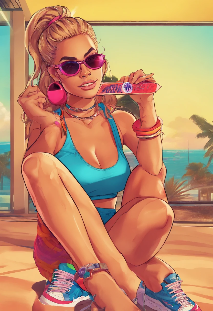 Masterpiece, Best Quality, suntanned skin, looking a viewer, sports clothing, leggins, sitting, bare footed, Simple background with logo, From Bottom, Sunglasses,