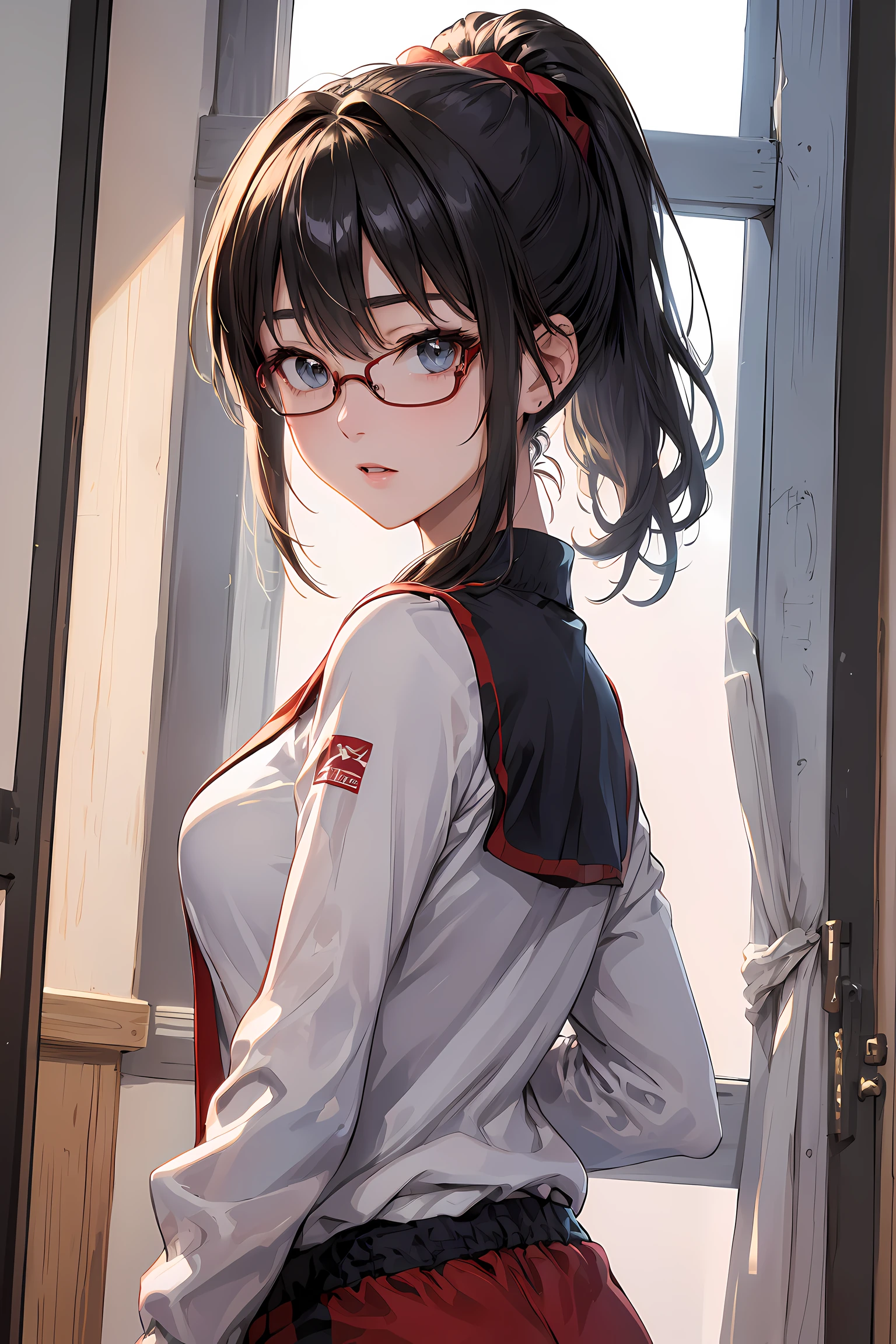 (1glasses girl:1.3, solo), (Audrey Hepburn:1.3), (a extremely pretty and beautiful Japanese woman), (sexy girl), (professional attire:1.3), (22 years old: 1.1), (from below:1.3), (low angle:1.3), (ground level shot:1.3), (girl on top:1.3), (arms behind back between legs:1.3), (attractive random posing:1.3), (in the queen's room:1.3), (look down:1.3), (starring at you:1.3), (front view:1.3), break, (ponytail:1.3), (shiny-black thin hair:1.2), bangs, dark brown eyes, beautiful eyes, princess eyes, (big eyes:1.3), bangs, wearing a glasses:1.3, Hair between eyes, short hair:1.3, (slender:1.1), (small-medium-breasts:0.95), (thin waist: 1.15), (detailed beautiful girl: 1.4), Parted lips, Red lips, full-make-up face, (shiny skin), ((Perfect Female Body)), (upper body image:1.3), Perfect Anatomy, Perfect Proportions, (most beautiful Korean actress face:1.3, extremely cute and beautiful Japanese actress face:1.3), BREAK, (View viewer, wearing a school girl uniform, (insanely detailed classical tracksuit:1.3), (red sports shorts:1.3), detailed clothes, BREAK, (detailed classy queen's room background:1.2), (dark background), (Studio soft lighting: 1.3), (fake lights: 1.3), (backlight: 1.3), BREAK, (Realistic, Photorealistic: 1.37), (Masterpiece, Best Quality: 1.2), (Ultra High Resolution: 1.2), (RAW Photo: 1.2), (Sharp Focus: 1.3), (Face Focus: 1.2), (Ultra Detailed CG Unified 8k Wallpaper: 1.2), (Beautiful Skin: 1.2), (pale Skin: 1.3), (Hyper Sharp Focus: 1.5), (Ultra Sharp Focus: 1.5), (Beautiful pretty face: 1.3), (super detailed background, detail background: 1.3), Ultra Realistic Photo, Hyper Sharp Image, Hyper Detail Image,