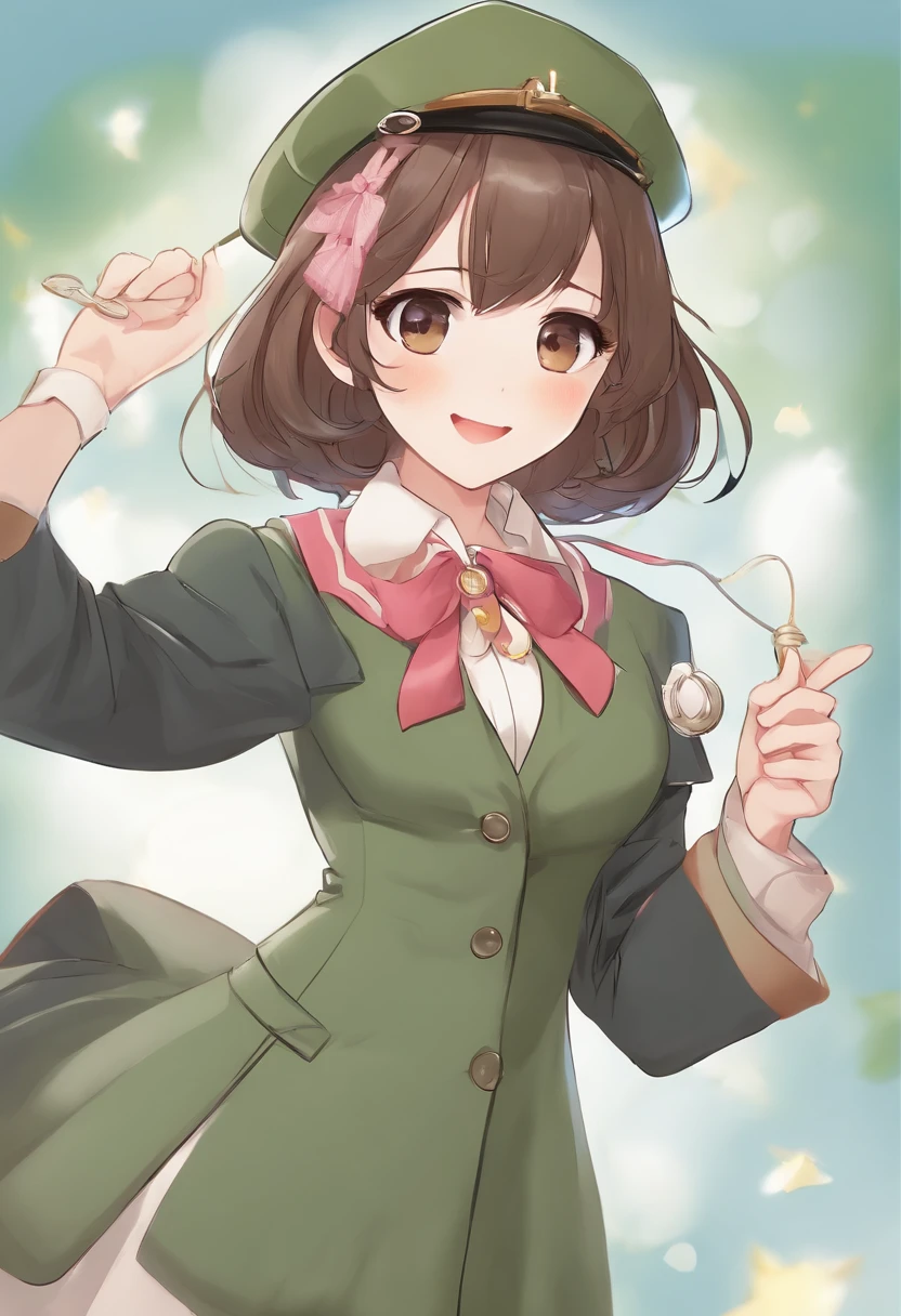 (Daisaku),(Need),(Super meticulous),(full bodyesbian:1.2),1girl,tchibi,adolable,ssmile,open-mouth smile,Light blue background,Raise your right hand,Hold a pencil in hand,Hold a book in your left hand,Music,Pink berets,Manteau,The shirt,short detailed hair,green headwear,Blurred,brunette color hair,longer sleeves,By bangs,Earphone,brunette color hair,(beautiful detailed face),(美丽细致的眼睛),
