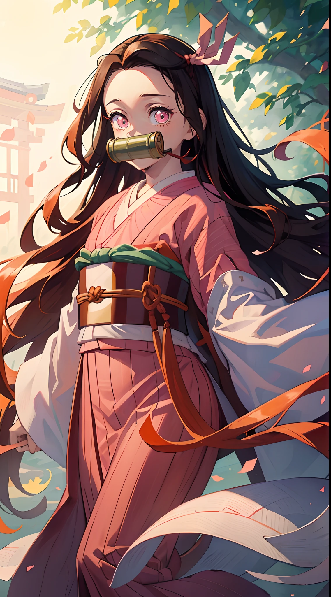 (((Masterpiece))), nezuko, 1girll, Bamboo, Bit Gag, Brown hair, checkered sash, gag, Gagged, Gradient hair, Hair ribbon, haori, Japanese clothes, komono, Long hair, view the viewer, multicolored hair, Orange hair, Pink eyes, Pink kimono, Pink ribbon, ribbon, Solo, Upper body,