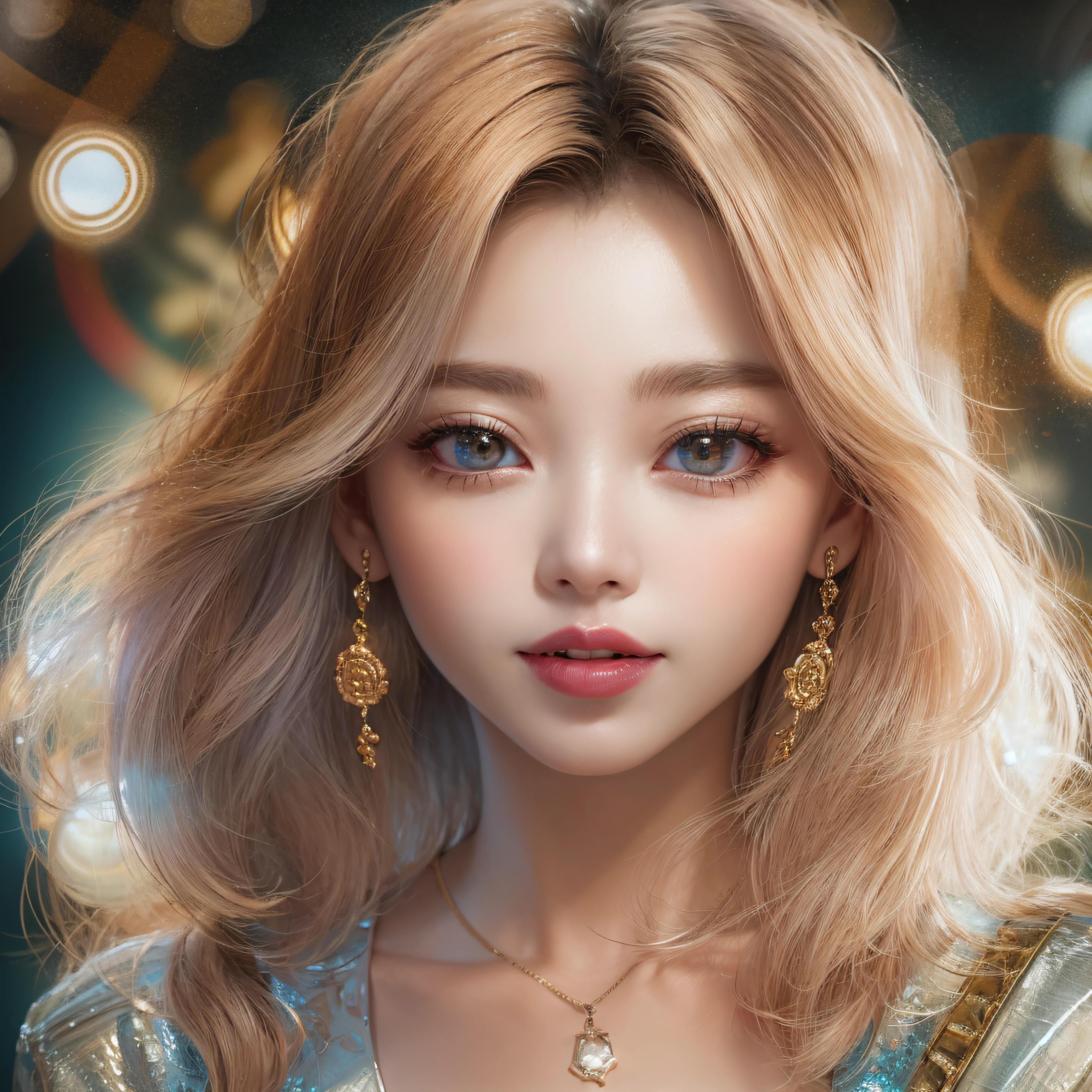 Casino Roulette、Casino Roulette、close-up of the smile face、close-up of the smile face、Designer、super model、makeup、Glossy lips、Shining eyes、(realisitic、hight resolution)、(1 girl in)、Do-Up Eye、Korean Girl、(Best Quality), (masutepiece), (1girl in), Solo, a beauty girl, Perfect face, dreamlikeart、Highly detailed airbrush art((Surreal))、Volumetric lighting、(top-quality)、The ultra-detailliert、Highly detailed colorful details、(Bright lighting)、dynamic compositions、Ray traching、The mirror reflects light、Shallow depth of field、ultra-detailliert、mixing exposure、nffsw、Her eyes are glowing pink、Background Casino、bill、