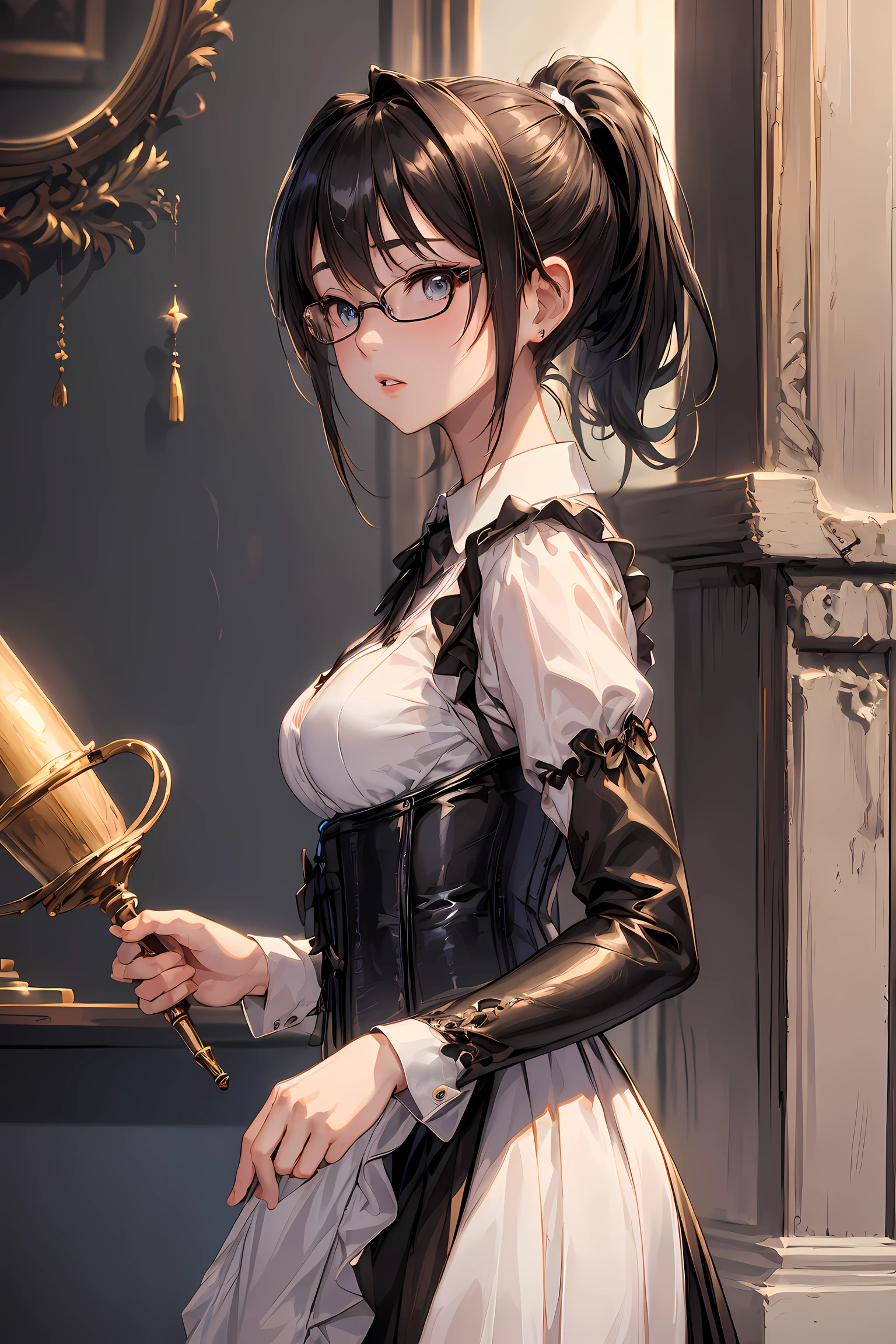 (1girl, yuri alpha:1.0), (anime overlord), (solo:1.4), (Maid_Dress), (64k, UHD, Raw photo, highes, Best Quality, mastepiece:2.0), (Ultra-fine depiction of details:3.0), (a serious, loyal, hard-working maid head, the vice-captain of the "Pleiades Six Stars", the battle maid squad of the Great Tomb of Nazarick), (a beautiful woman with an intelligent look), black hair, (elegant, vivid blue bowtie, ribbon:1.3), (green wristband), (She is equipped with highly elaborately designed, dark emerald green spiky gauntlets:1.5), (perfect face, perfect body, perfect figure, pink lips, slight blush), (cool, intellectual glasses), (slightly glowing blue eyes:1.3), (shiny sleek long hair, single hair bun, single braid bun, double bun), (silky, high-quality, majestic, gothic, ((low-key)), simple, maid dress:1.0), (vivid blue gothic style choker:1.3), (pure white maid apron:1.2), (gigantic breasts, almost brimming out of maid dress:1.2), (sexy cleavage:1.1), inhouse, studying the orders issued by the master of [the Great Tomb of Nazarick, Ainz Ooal Gown], the room is filled with solemn atmosphere, (long shot, full body shot), (perfect lighting,)