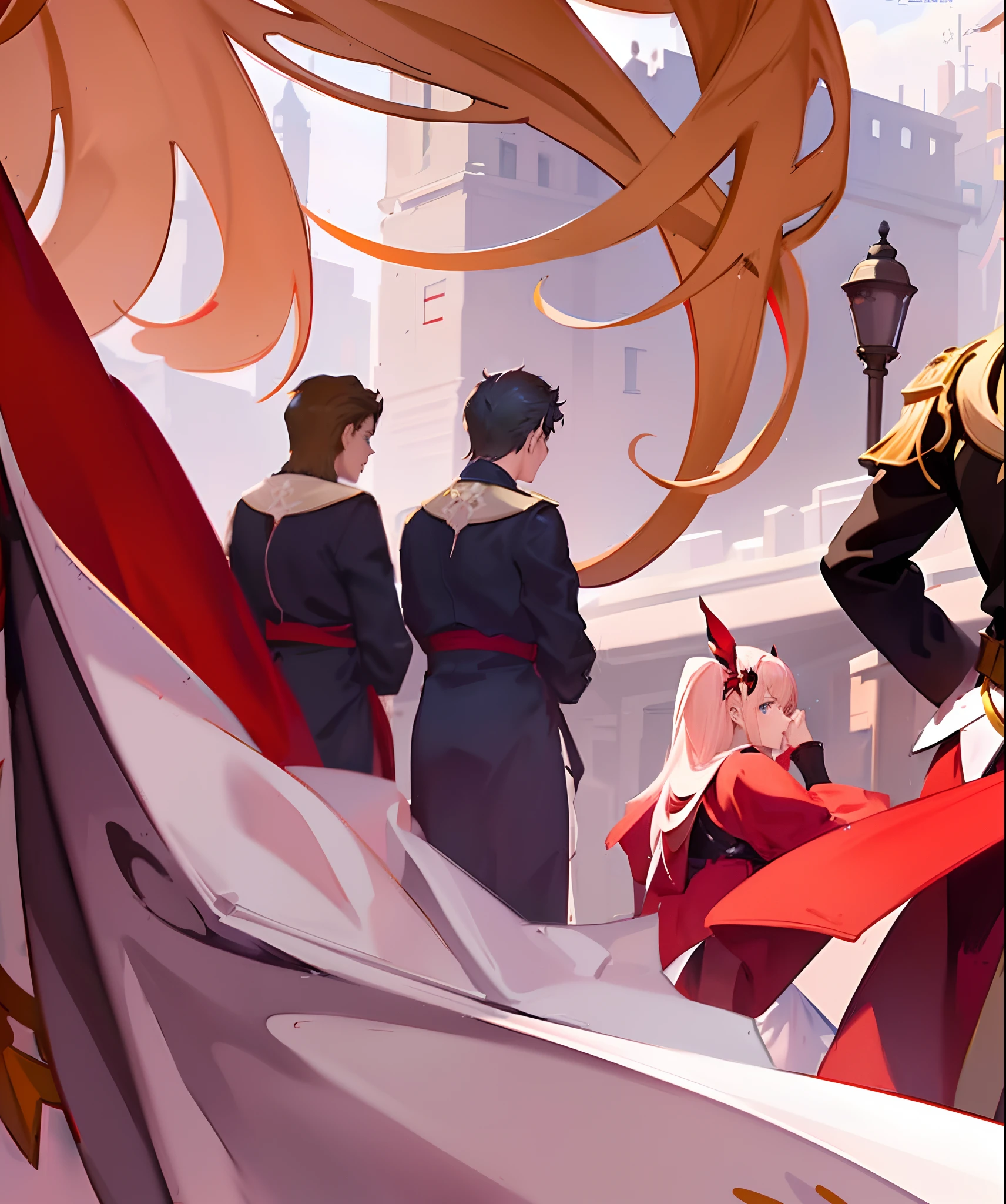 anime - style illustration of a woman in a red cape and a man in a black suit, characters from azur lane, guilty gear strive splash art, cushart krenz key art feminine, inspired by Krenz Cushart, detailed key anime art, official artwork, anime key visual concept art of, official art, anime fantasy illustration