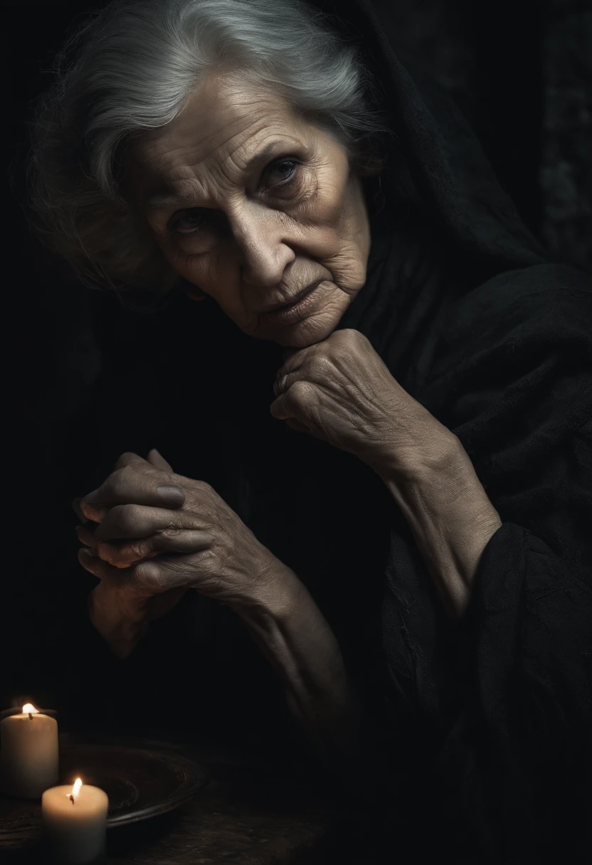 (a woman in her 50s), (wearing tattered black clothes and having her hands tied up), (her expression depicts madness), (nearby are several medieval people), (looking terrified)

(best quality, ultra-detailed, realistic), (dark and intense lighting)

(portraits, horror, concept artists)

(black and grey color palette)