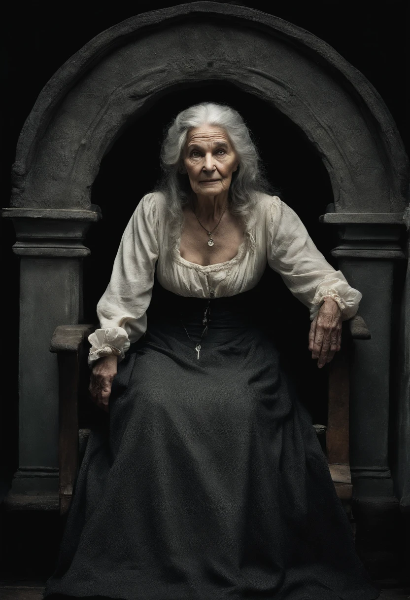 horror film, old woman, lifeless face, witch, full of wrinkles and cuts on her face, around 200 years old, background of a dark kitchen, eyes all black, dark clothes, torn, candle in hand, facing forward ,detailed face,realistic image,gray hair,raven