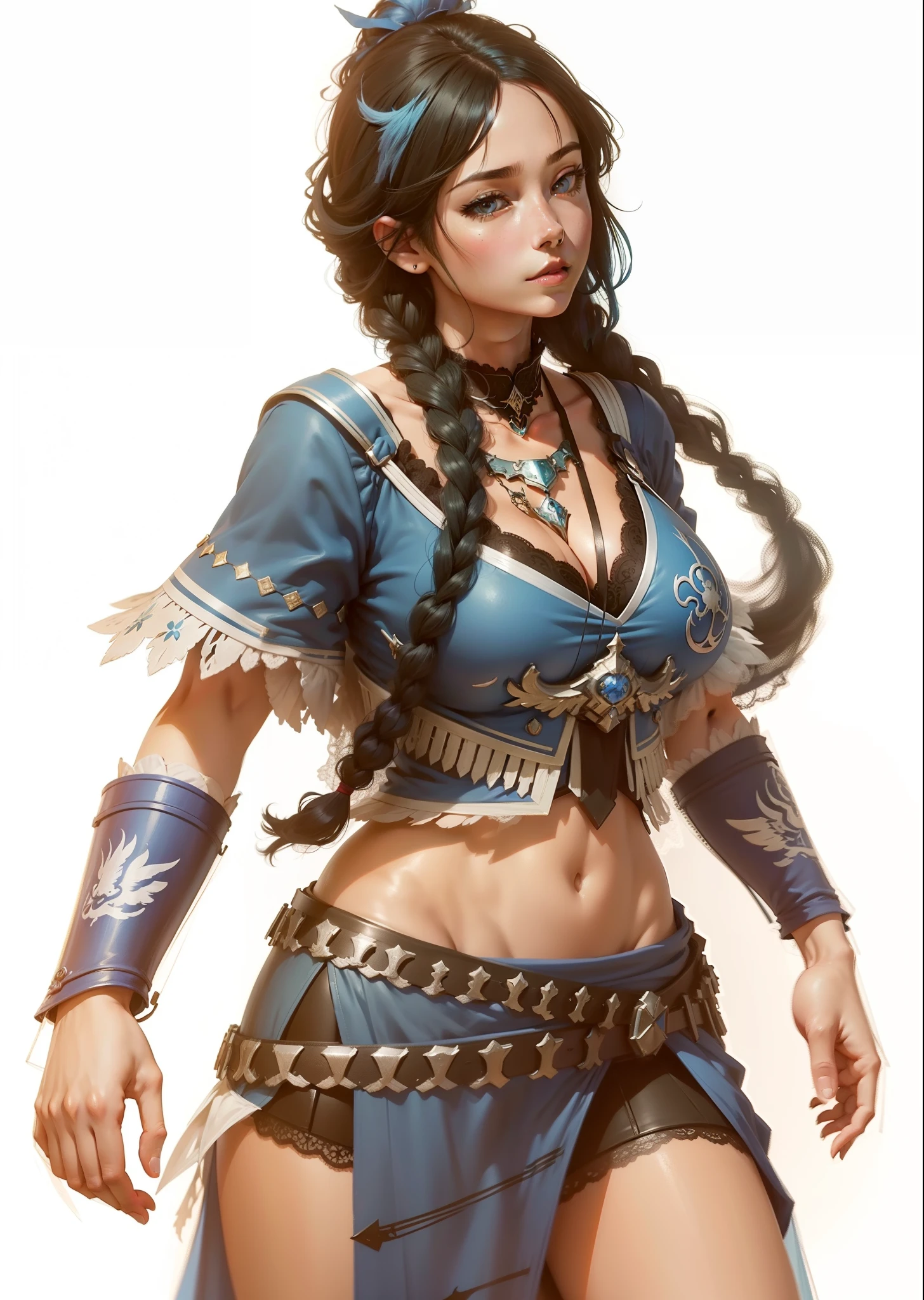 best quality,masterpiece,highres,original,extremely detailed wallpaper,perfect lighting,extremely detailed CG,<lora:add_detail:0.3>,standing,
<lora:fang-nvwls-v1:0.6>,oerbayunfang,crop top,midriff,blue skirt,arm warmers,belt,boots,tattoo,