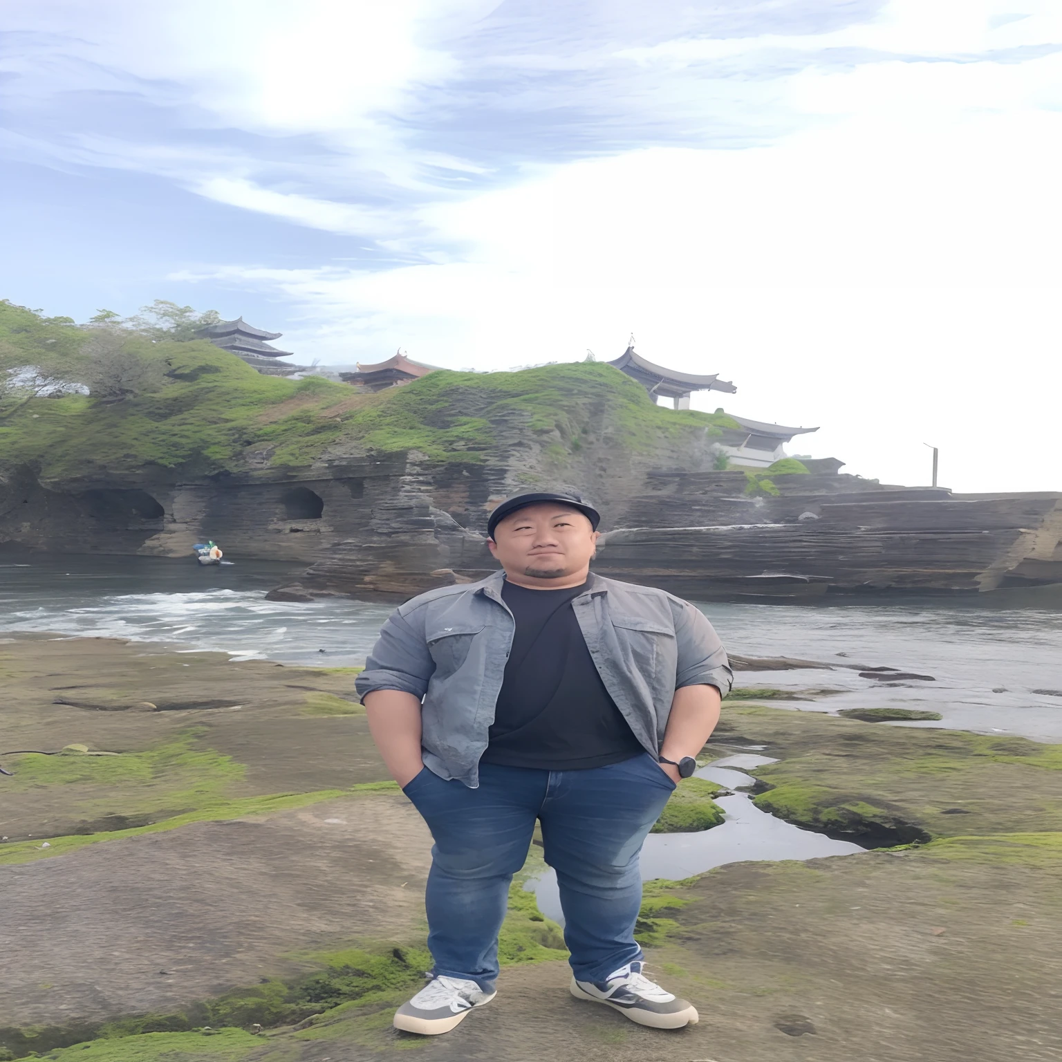 arafed man standing on a rock in front of a body of water, ramil sunga, photo taken in 2 0 2 0, cg artist, reddit post, at an ancient city, rick dai, professional picture, david luong, vacation photo, 2 8 years , standing near the beach, temple in the background, ruins in the background