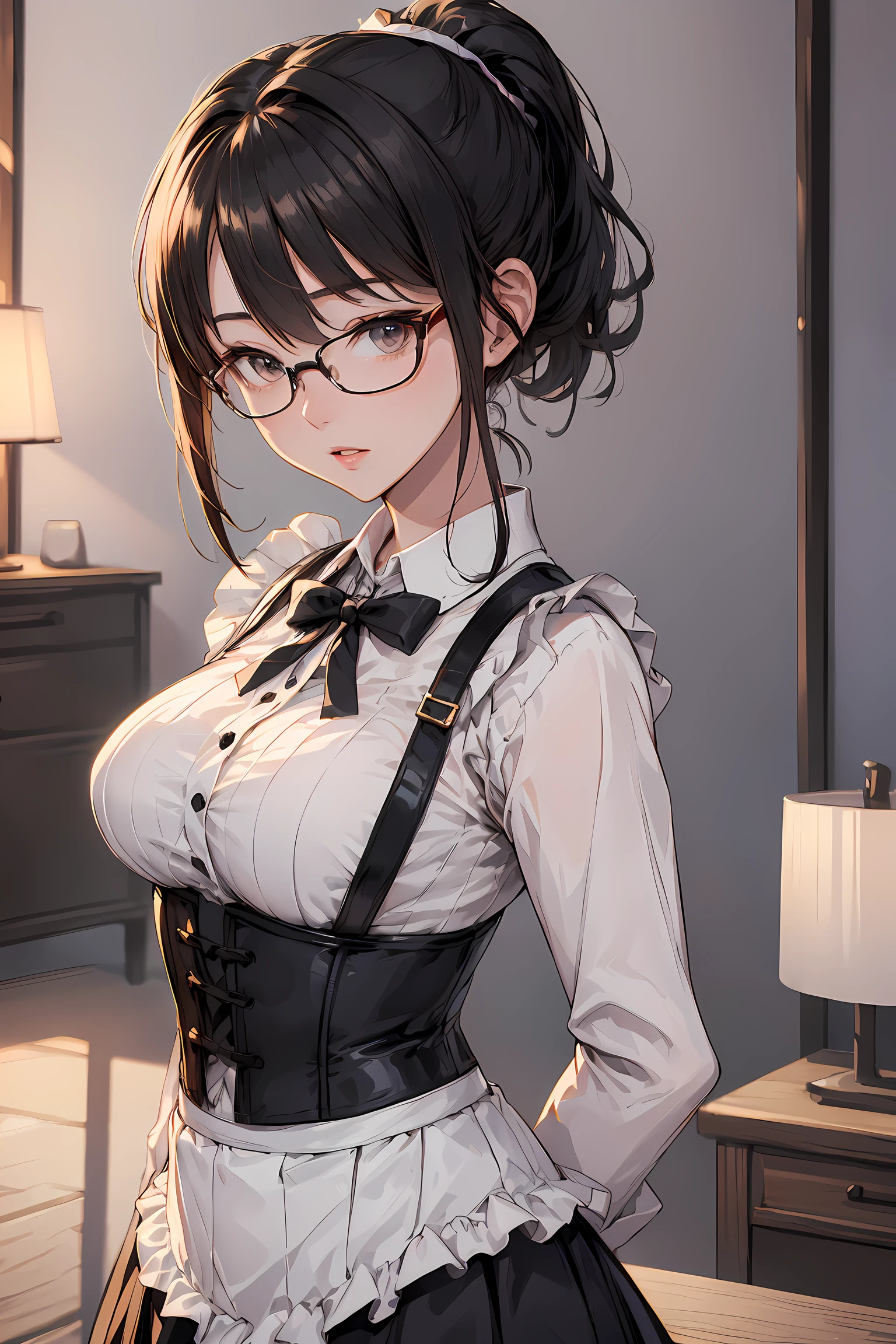 realistic, photorealistic, colorful, great lighting, ultra-detailed, dynamic angle, masterpiece,(solo:1.1), perfect face, (bright lighting:1.2),beautiful detailed eyes, extremely detailed face, perfect lighting,masterpiece, best quality, 1 girl, black twintail hair, back facing, classroom, high school uniform, stockings, glasses, ribbon bows, sweaty, wet body, navel out, thighs out, buttocks, large breast, slim, slender, translucent, Embarrassed expression, blush, ((White panties, cameltoe))