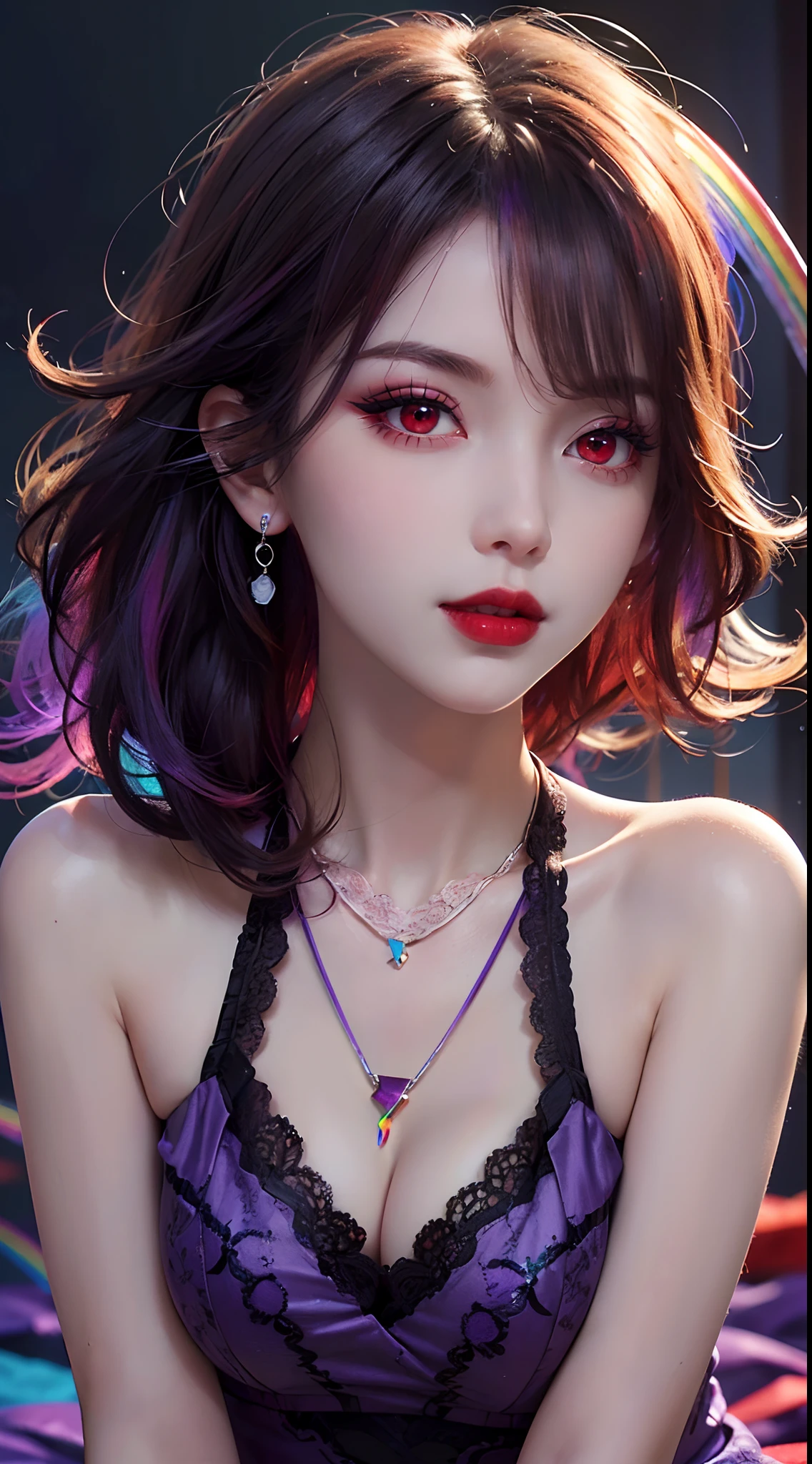 A beautiful and sexy 20 year old girl, wearing a super thin red dress, ((hair dyed rainbow colors:1.6)), bangs, the most detailed jewelry and beautiful hair, ((wears purple lace necklace:1.6) )), Super cute small face, very pretty face, thin eyebrows, flawless beautiful face, ((black eye pupil: 0.8)), very beautiful eyes, ((red eyes pale:1.5)), beautiful makeup and detailed eyelashes, steamy eye makeup, high nose, earrings, red lips, ((closed mouth:1;5 )) beautiful lips, slim hands, most beautiful thighs, ((arms spread out to the sides: 1.5)), rosy face, clean face, flawless beautiful face, smooth white skin, (big breasts: 1.5)), ((high breasts: 1.6)), Breasts plump, beautiful cleavage, ((big and super round breasts: 1.8))), ((super tight breasts: 1.5)), beautiful breasts, back arms, beautiful girl's upper body, 8k photo, quality super high, hyper realistic, 10x super pixel, photorealistic, dark studio, light edges, two-tone bright, (high detail skin:1.2), super 8k, soft light, high quality, lighting volumetric, realistic, Photo, high resolution, light, best photo, 4k, 8k quality, blur effect, Smooth and sharp, 10 x pixels, (galaxy: 1.7), aurora, lightning, surreal graphics, most realistic graphics, alone, solo, Extremely sharp, surreal images, (((frontal portrait:1.3)))."