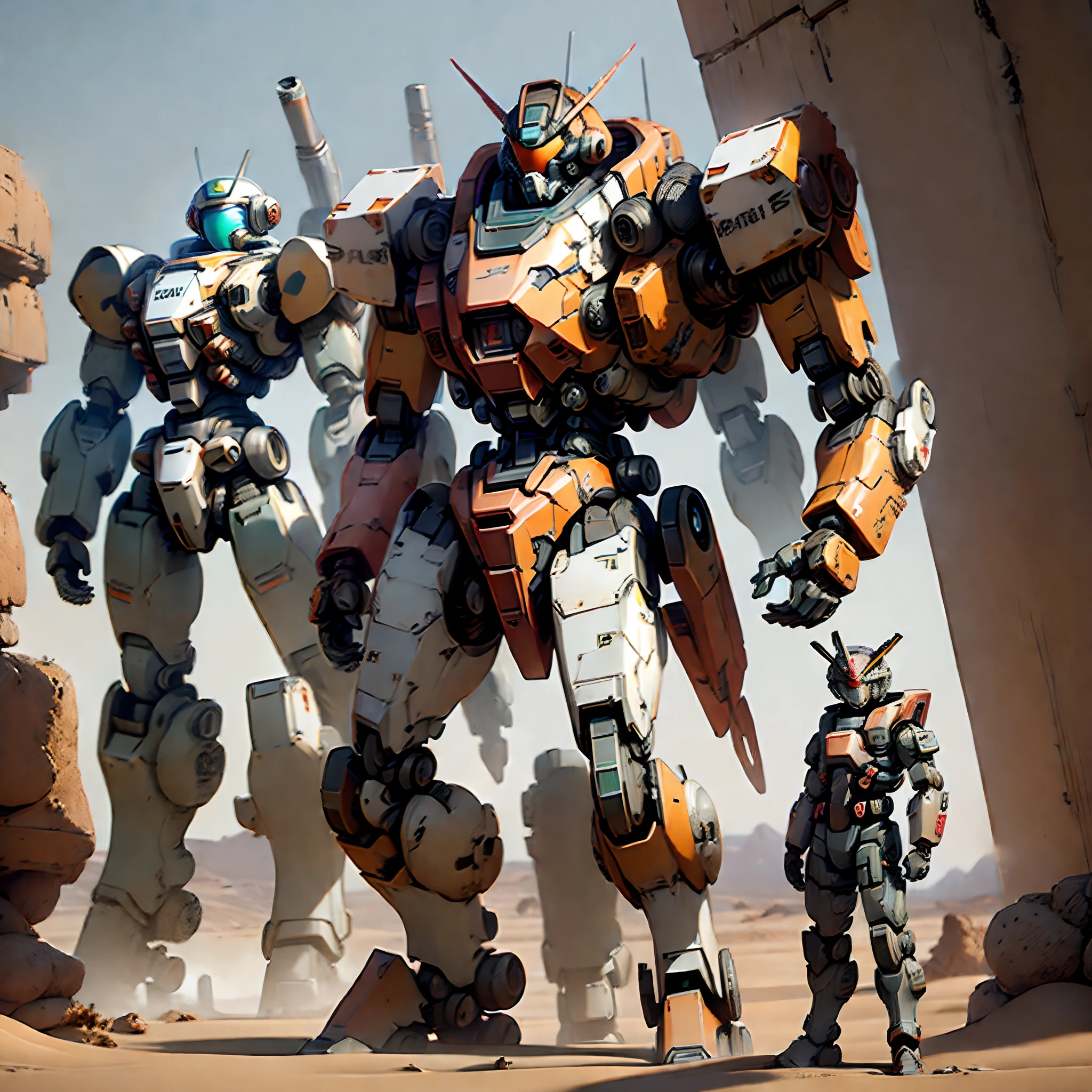 ((Mecha Space, Amored Core 6)), combatendo em um deserto com ruinas, ((corpo inteiro)), mecha estilo jogo titanfall, Gunda pavio